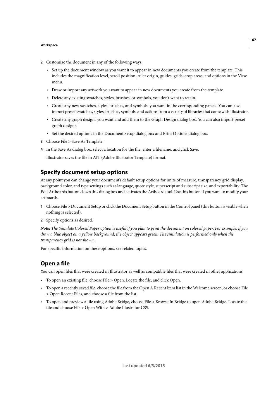 Specify document setup options, Open a file | Adobe Illustrator CC 2015 User Manual | Page 72 / 556