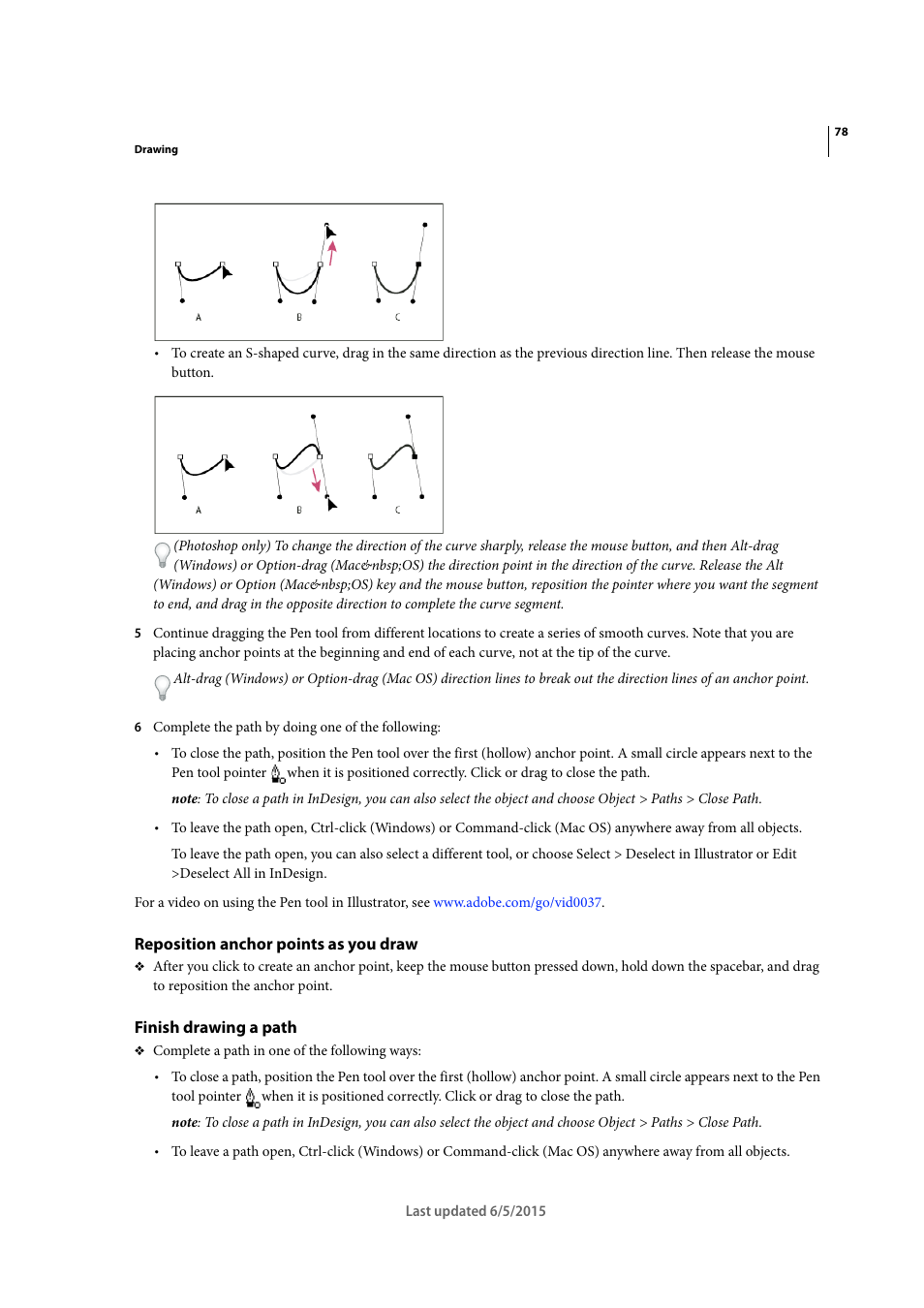 Reposition anchor points as you draw, Finish drawing a path | Adobe Illustrator CC 2015 User Manual | Page 83 / 556