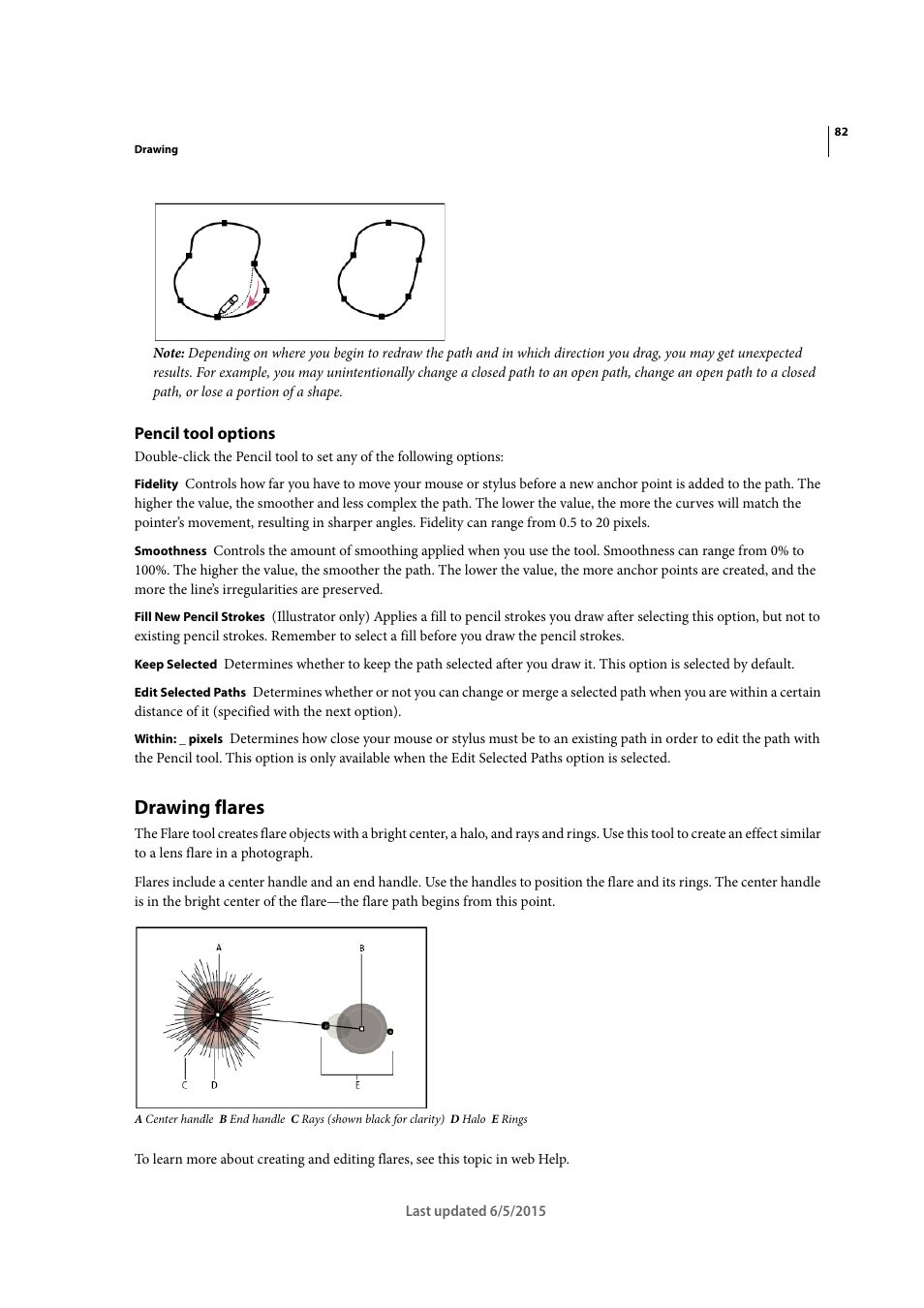 Pencil tool options, Drawing flares, Drawing | Flares | Adobe Illustrator CC 2015 User Manual | Page 87 / 556