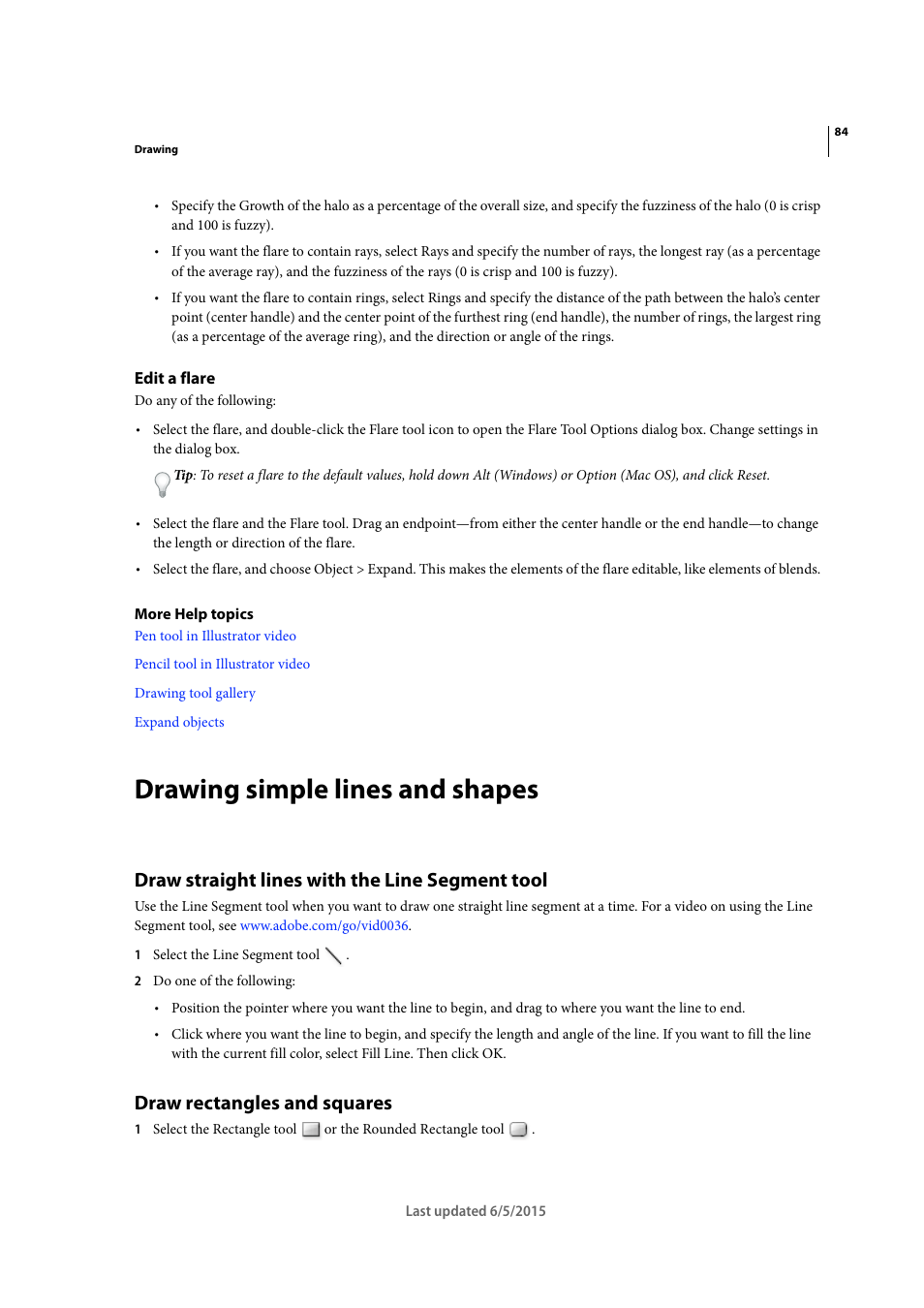 Edit a flare, Drawing simple lines and shapes, Draw straight lines with the line segment tool | Draw rectangles and squares, Draw straight lines with the, Line segment tool, Draw, Rectangles and squares | Adobe Illustrator CC 2015 User Manual | Page 89 / 556