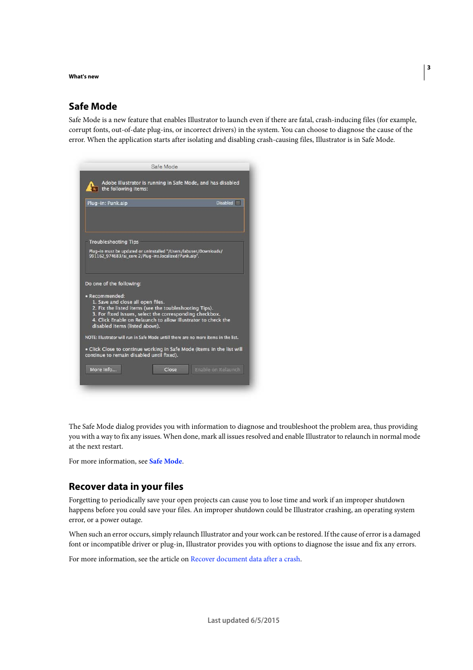 Safe mode, Recover data in your files | Adobe Illustrator CC 2015 User Manual | Page 9 / 556