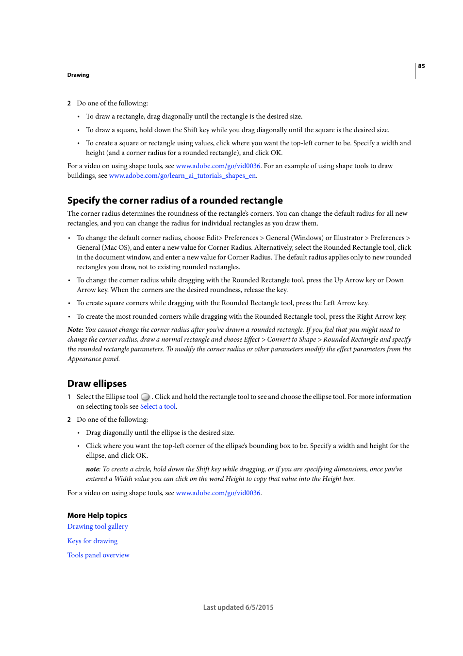 Specify the corner radius of a rounded rectangle, Draw ellipses | Adobe Illustrator CC 2015 User Manual | Page 90 / 556
