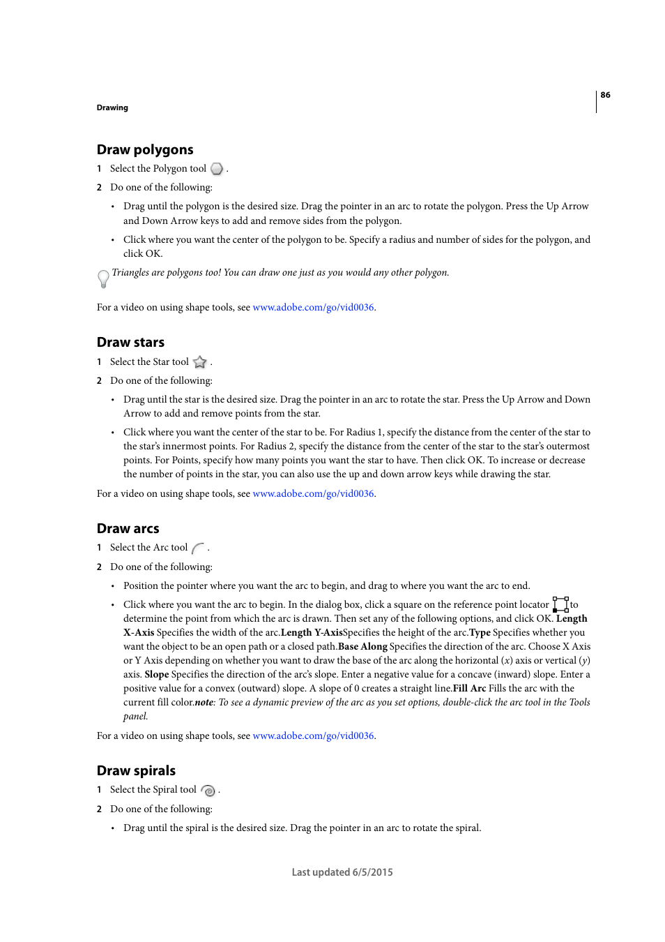 Draw polygons, Draw stars, Draw arcs | Draw spirals, Draw, Spirals, Polygons, Stars | Adobe Illustrator CC 2015 User Manual | Page 91 / 556