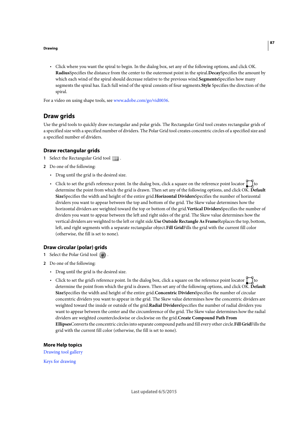 Draw grids, Draw rectangular grids, Draw circular (polar) grids | Draw, Rectangular grids, Draw circular, Polar) grids | Adobe Illustrator CC 2015 User Manual | Page 92 / 556