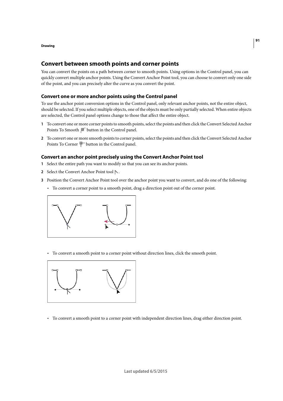 Convert between smooth points and corner points | Adobe Illustrator CC 2015 User Manual | Page 96 / 556