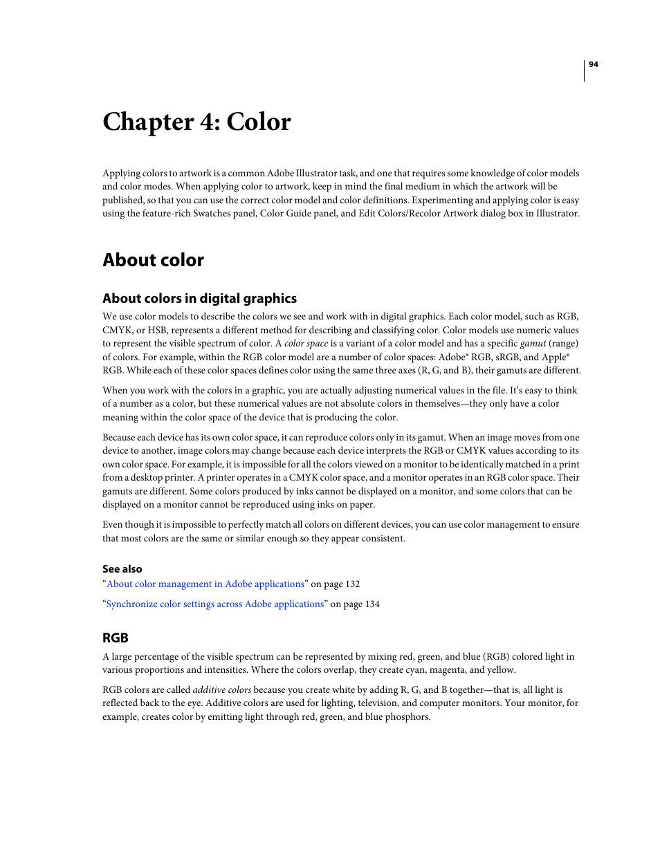 Chapter 4: color, About color, About colors in digital graphics | Adobe Illustrator CS4 User Manual | Page 101 / 499