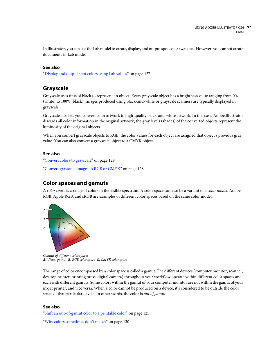 Grayscale, Color spaces and gamuts | Adobe Illustrator CS4 User Manual | Page 104 / 499