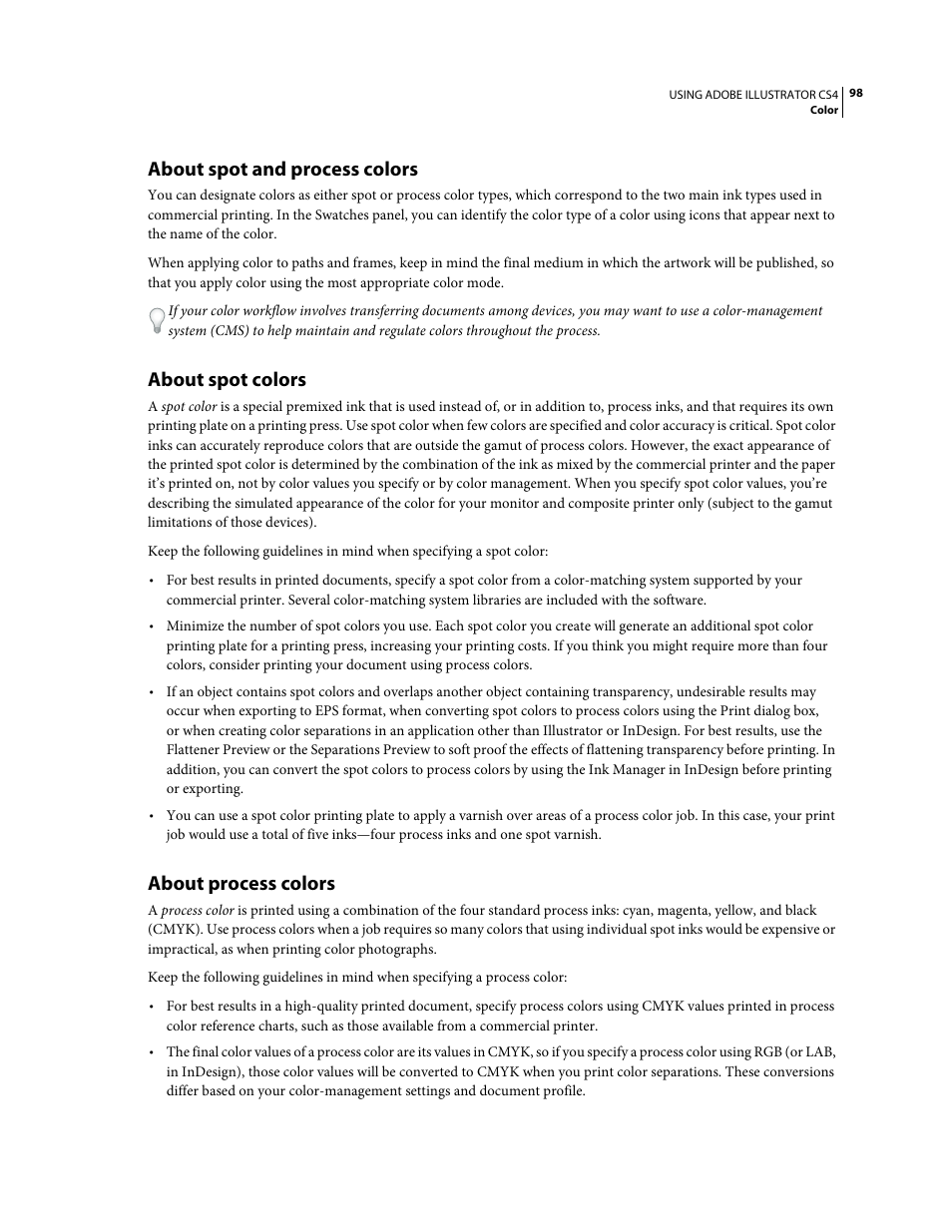 About spot and process colors, About spot colors, About process colors | Adobe Illustrator CS4 User Manual | Page 105 / 499