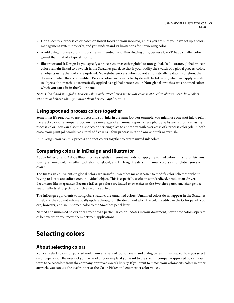 Using spot and process colors together, Comparing colors in indesign and illustrator, Selecting colors | About selecting colors | Adobe Illustrator CS4 User Manual | Page 106 / 499