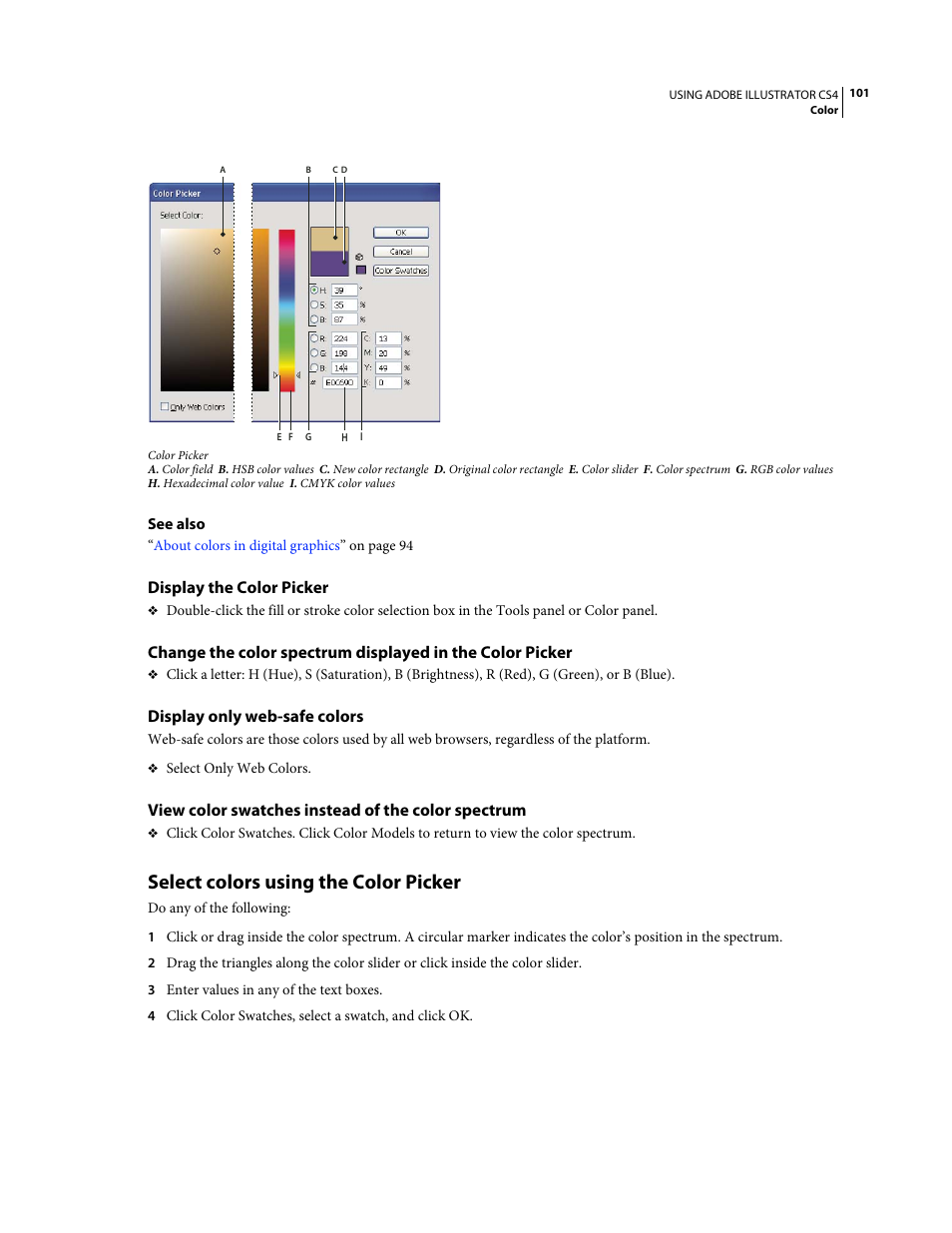 Display the color picker, Display only web-safe colors, View color swatches instead of the color spectrum | Select colors using the color picker | Adobe Illustrator CS4 User Manual | Page 108 / 499