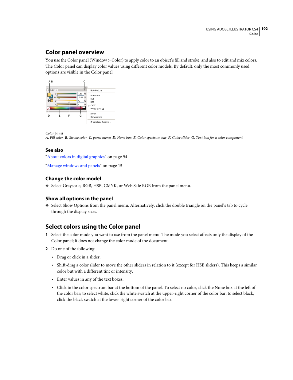 Color panel overview, Change the color model, Show all options in the panel | Select colors using the color panel | Adobe Illustrator CS4 User Manual | Page 109 / 499