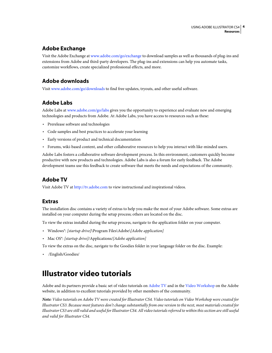 Adobe exchange, Adobe downloads, Adobe labs | Adobe tv, Extras, Illustrator video tutorials | Adobe Illustrator CS4 User Manual | Page 11 / 499