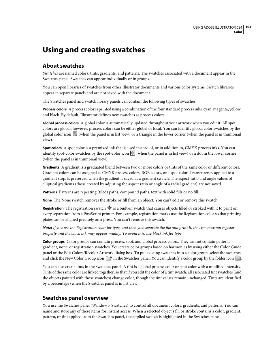 Using and creating swatches, About swatches, Swatches panel overview | Adobe Illustrator CS4 User Manual | Page 110 / 499