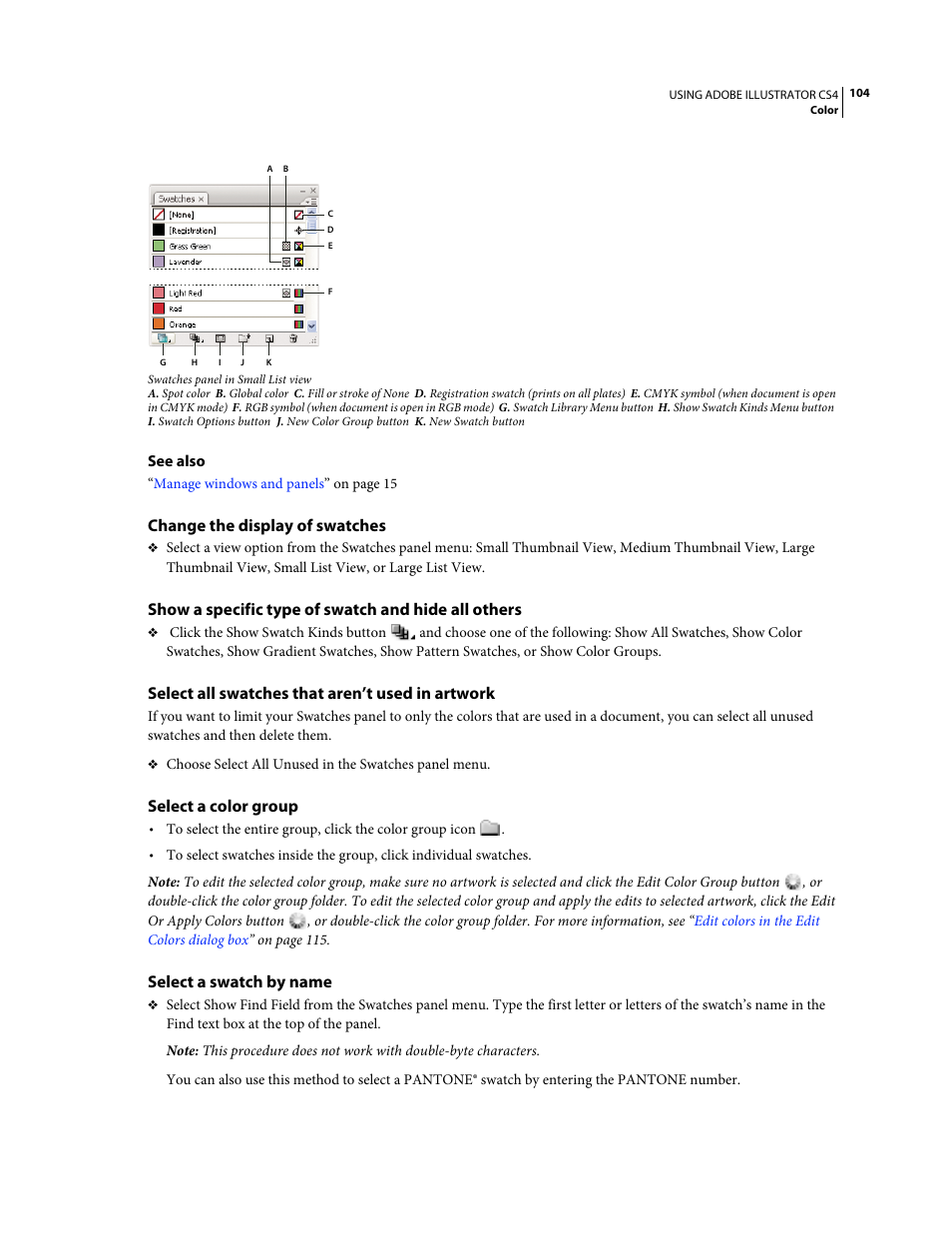 Change the display of swatches, Show a specific type of swatch and hide all others, Select all swatches that aren’t used in artwork | Select a color group, Select a swatch by name | Adobe Illustrator CS4 User Manual | Page 111 / 499