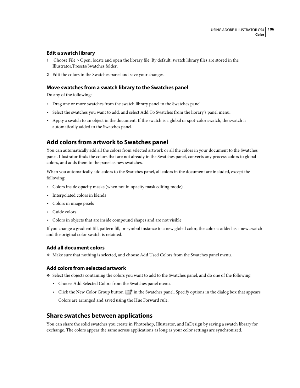 Edit a swatch library, Add colors from artwork to swatches panel, Add all document colors | Add colors from selected artwork, Share swatches between applications | Adobe Illustrator CS4 User Manual | Page 113 / 499