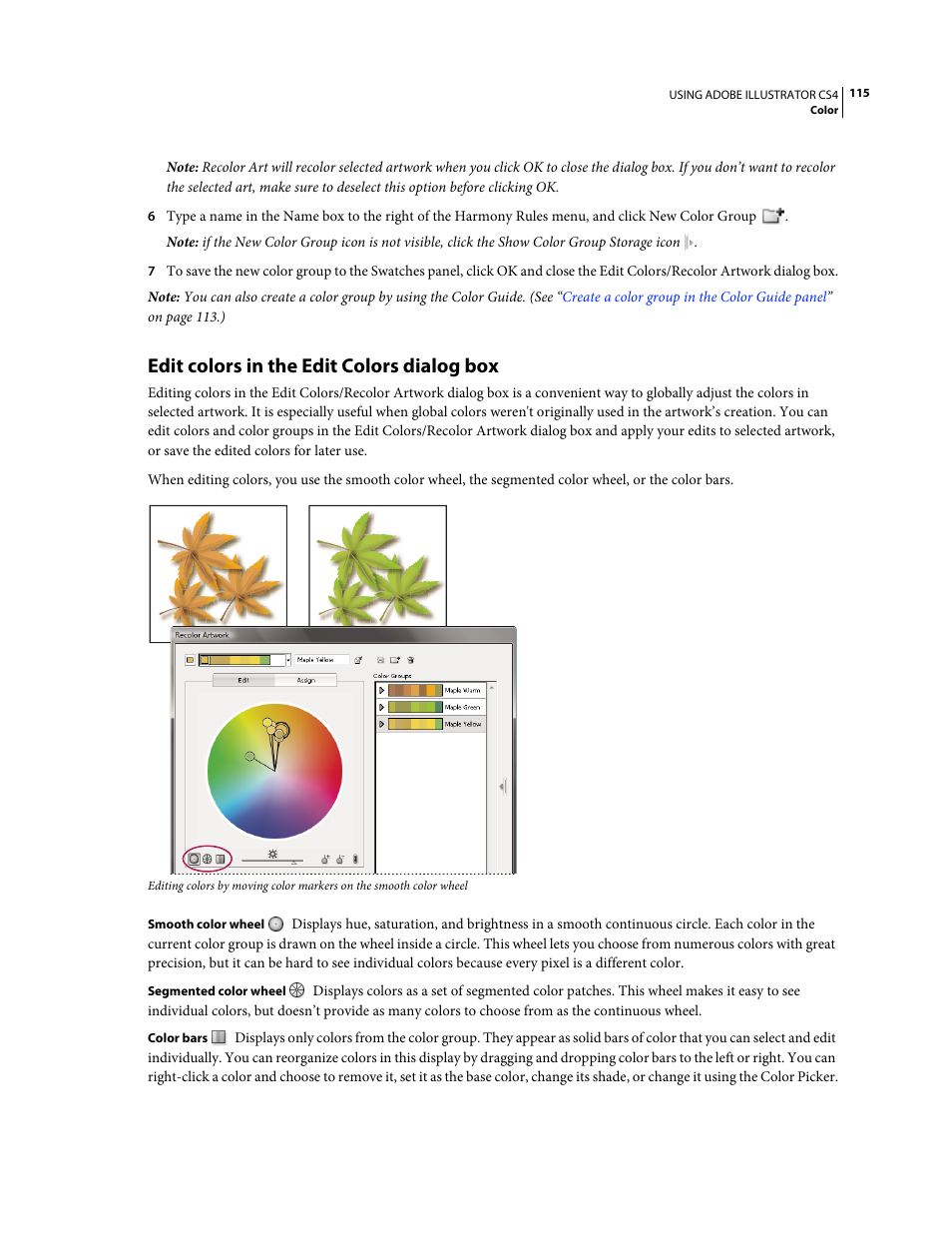 Edit colors in the edit colors dialog box, Edit colors in the edit, Colors dialog box | Adobe Illustrator CS4 User Manual | Page 122 / 499