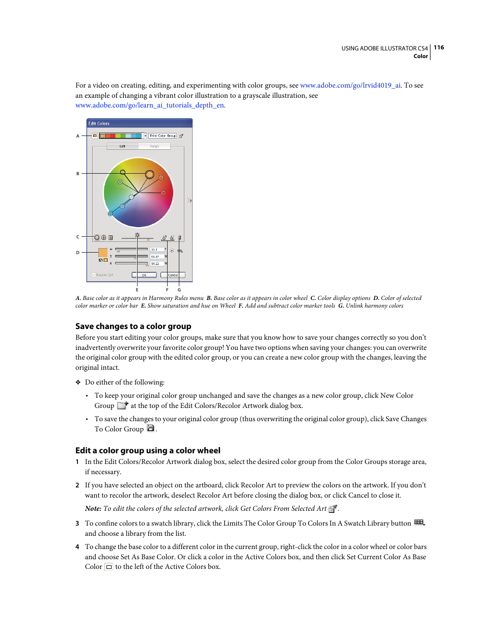 Save changes to a color group, Edit a color group using a color wheel | Adobe Illustrator CS4 User Manual | Page 123 / 499