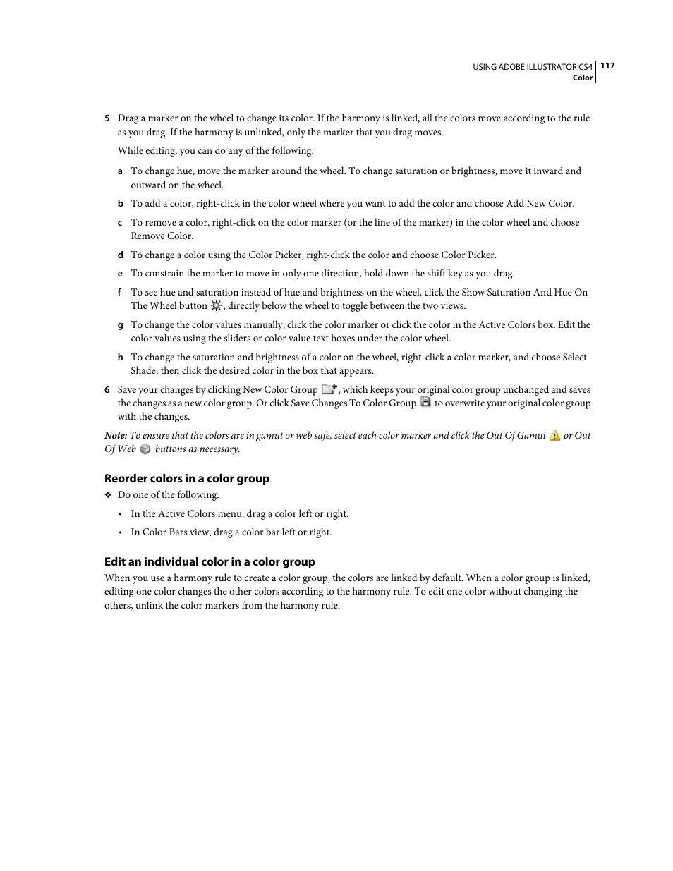 Reorder colors in a color group, Edit an individual color in a color group | Adobe Illustrator CS4 User Manual | Page 124 / 499