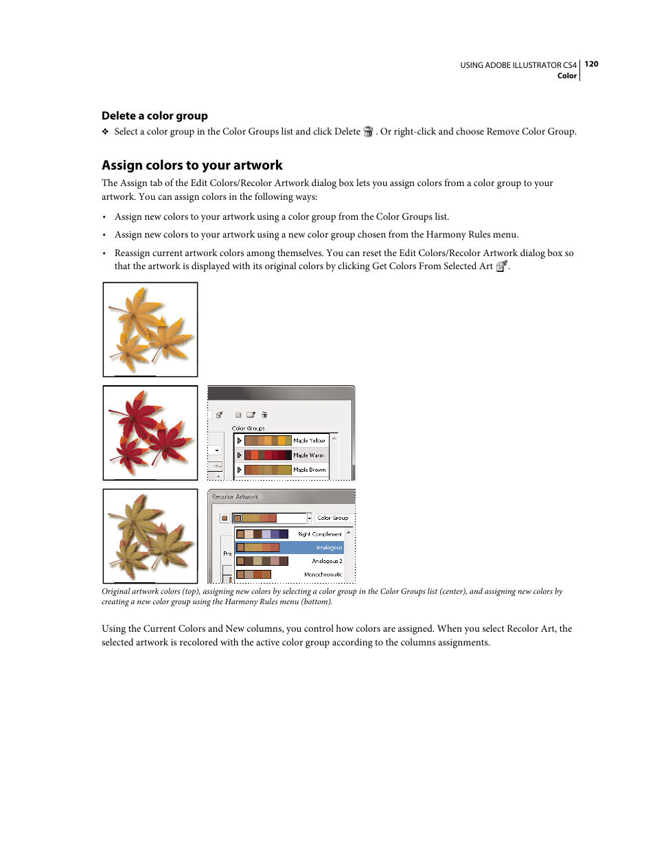 Delete a color group, Assign colors to your artwork, Recolor artwork dialog box. (see | Adobe Illustrator CS4 User Manual | Page 127 / 499