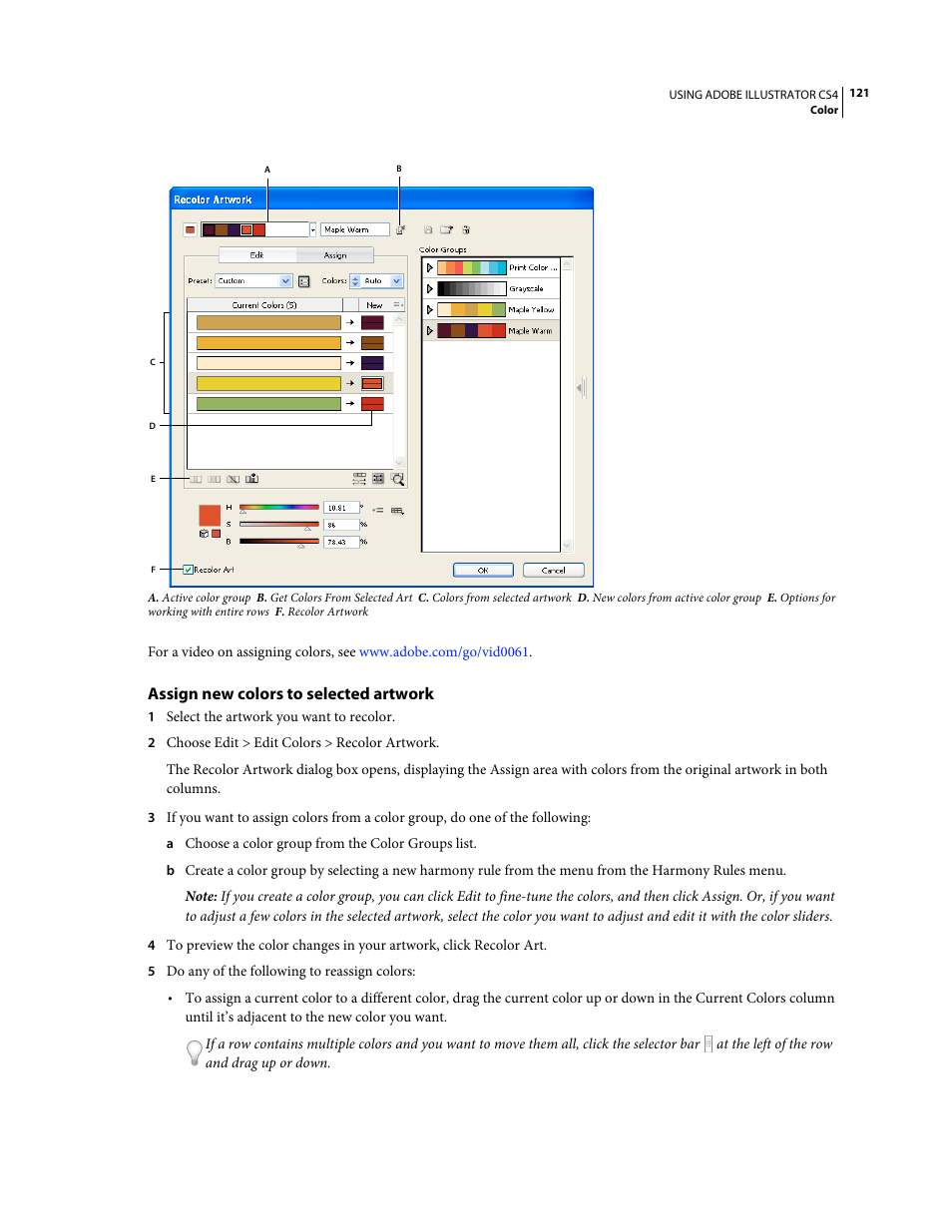 Assign new colors to selected artwork | Adobe Illustrator CS4 User Manual | Page 128 / 499