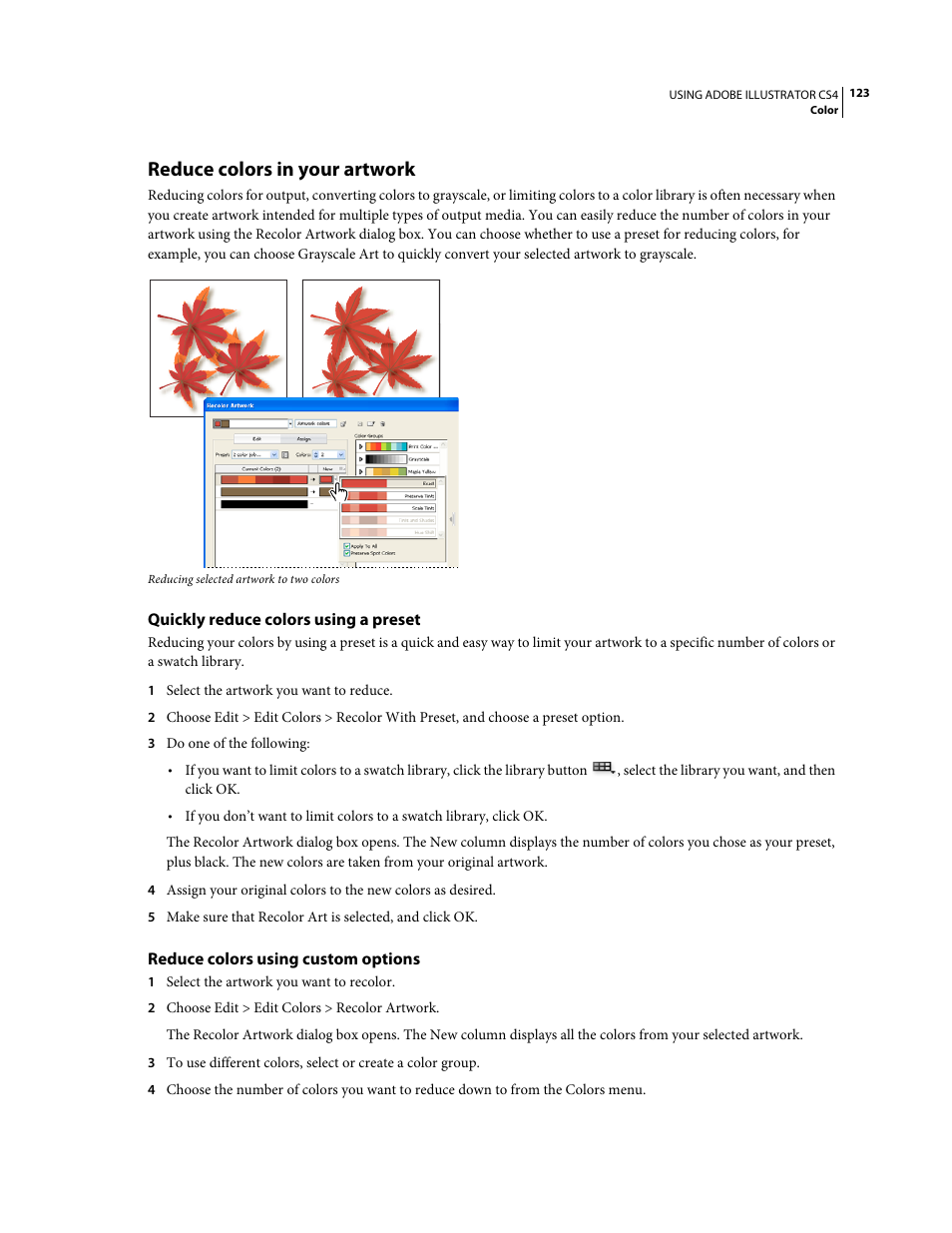 Reduce colors in your artwork, Quickly reduce colors using a preset, Reduce colors using custom options | Adobe Illustrator CS4 User Manual | Page 130 / 499