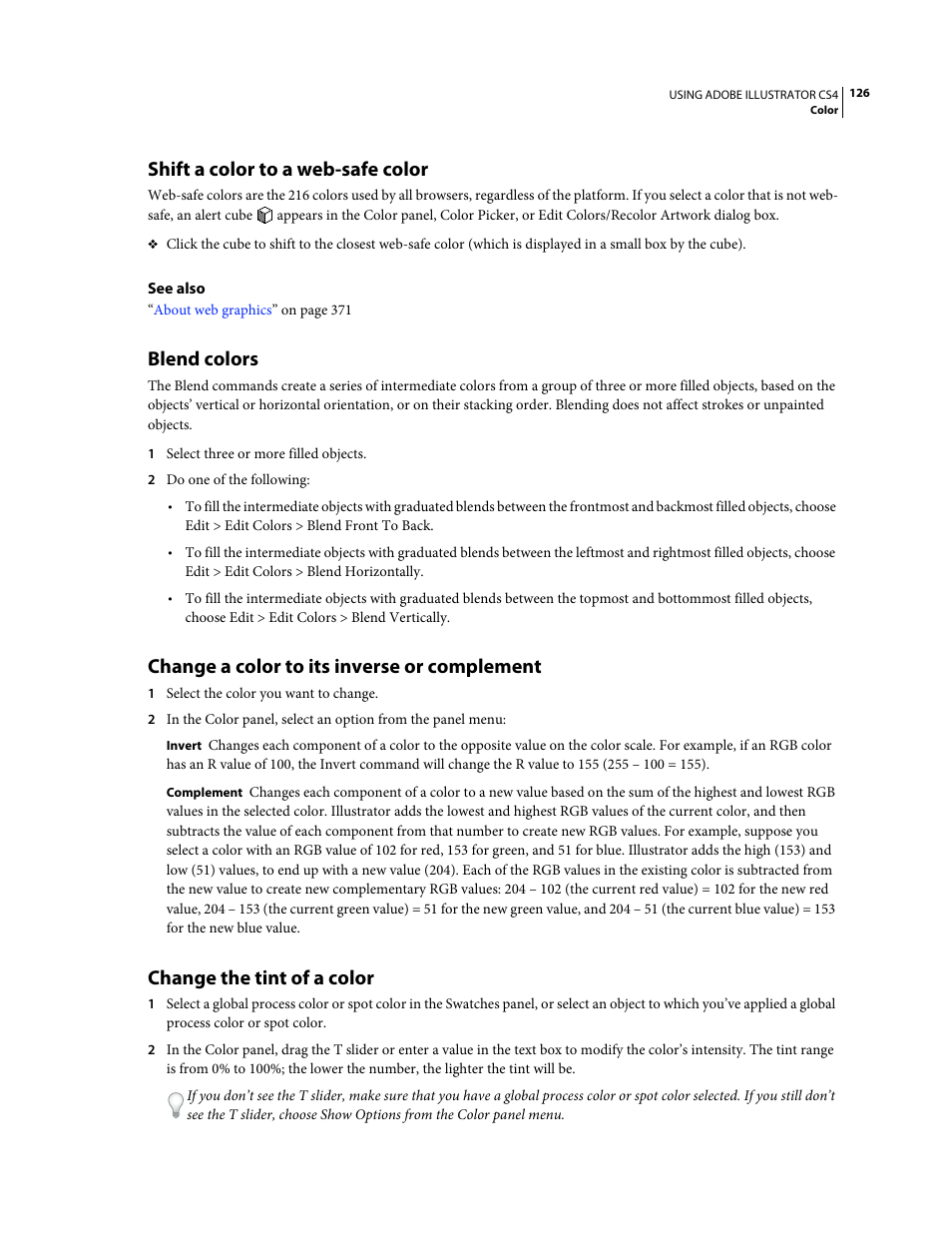 Shift a color to a web-safe color, Blend colors, Change a color to its inverse or complement | Change the tint of a color | Adobe Illustrator CS4 User Manual | Page 133 / 499