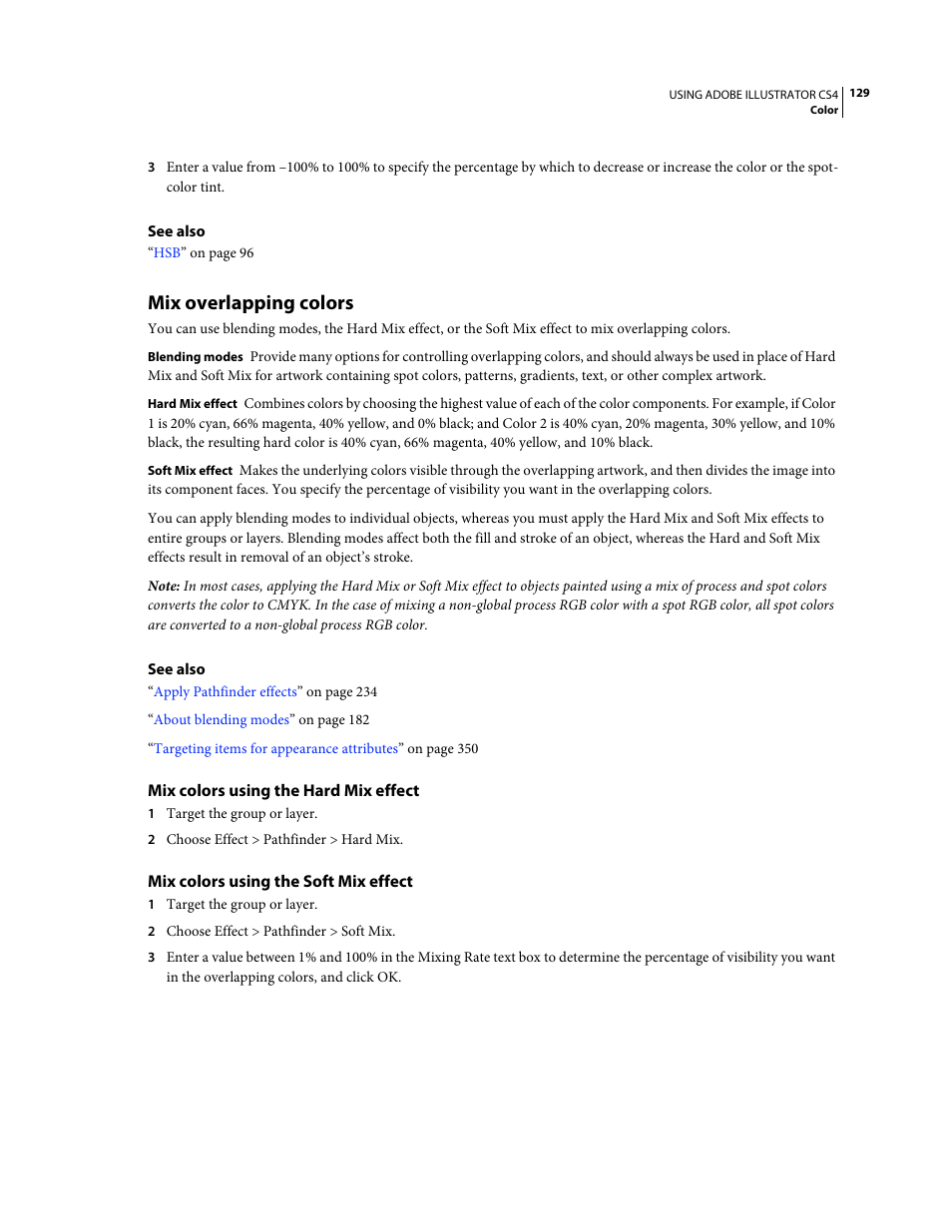 Mix overlapping colors, Mix colors using the hard mix effect, Mix colors using the soft mix effect | Adobe Illustrator CS4 User Manual | Page 136 / 499