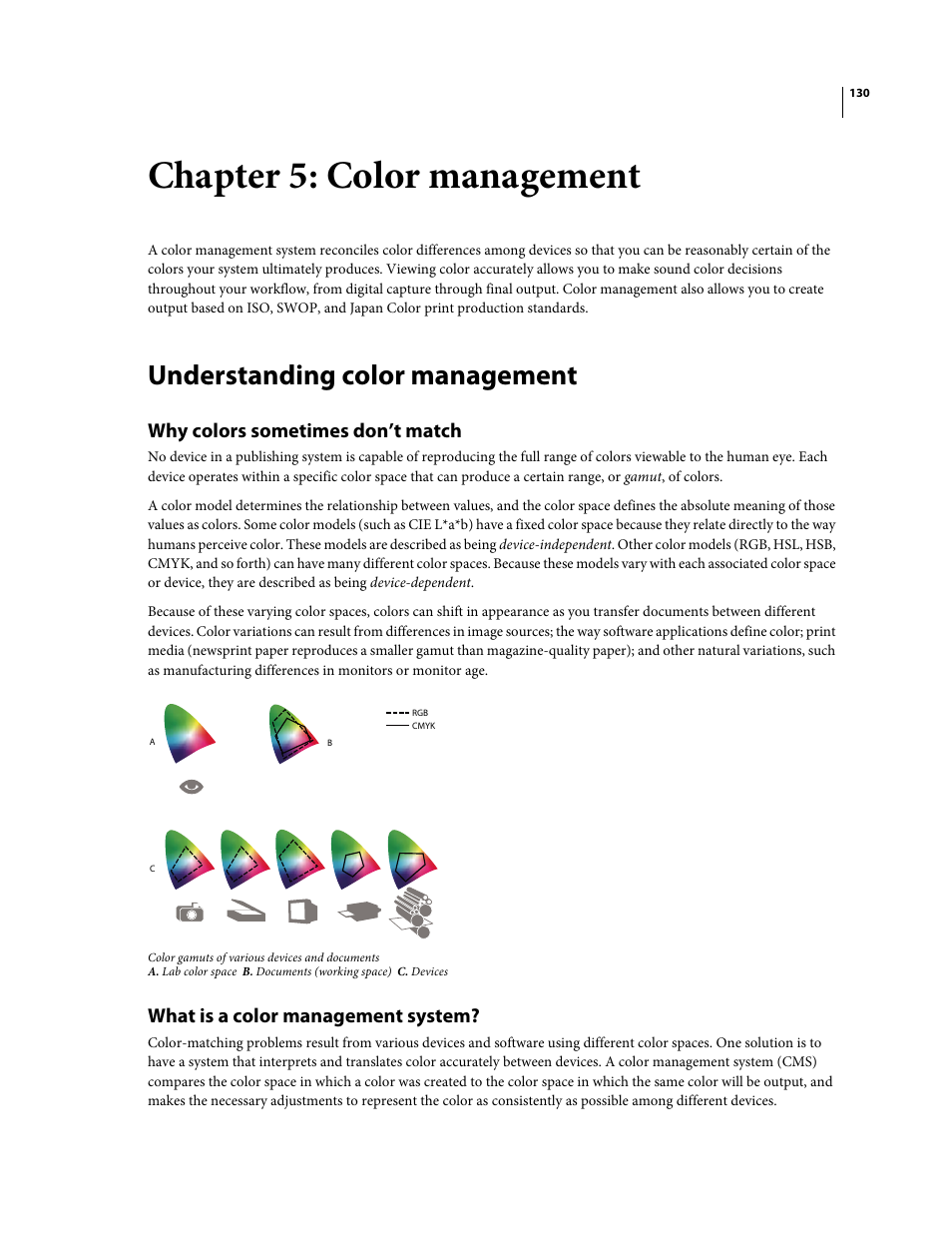 Chapter 5: color management, Understanding color management, Why colors sometimes don’t match | What is a color management system | Adobe Illustrator CS4 User Manual | Page 137 / 499