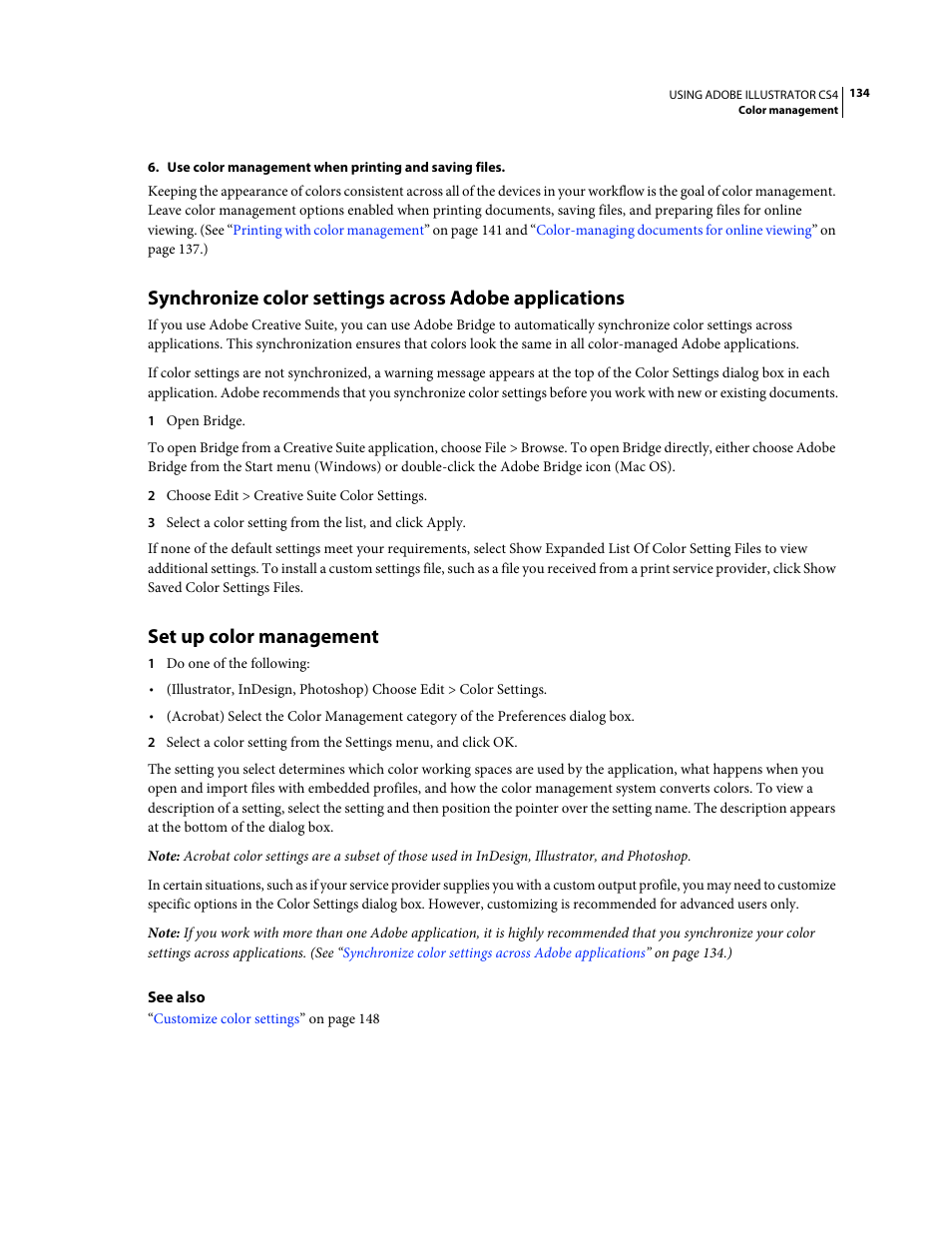 Set up color management, Synchronize color, Settings across adobe applications | Adobe Illustrator CS4 User Manual | Page 141 / 499