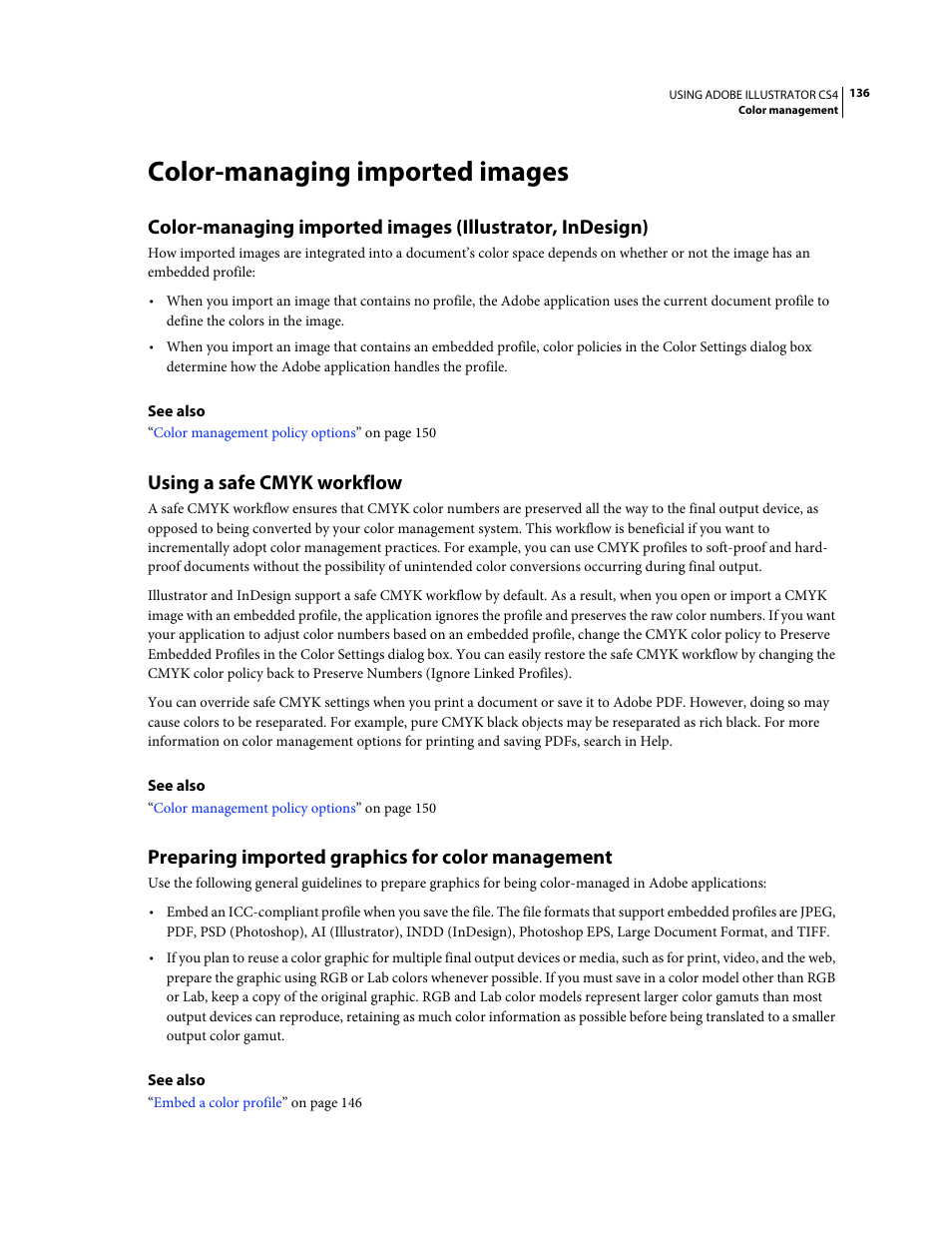 Color-managing imported images, Using a safe cmyk workflow, Preparing imported graphics for color management | Adobe Illustrator CS4 User Manual | Page 143 / 499