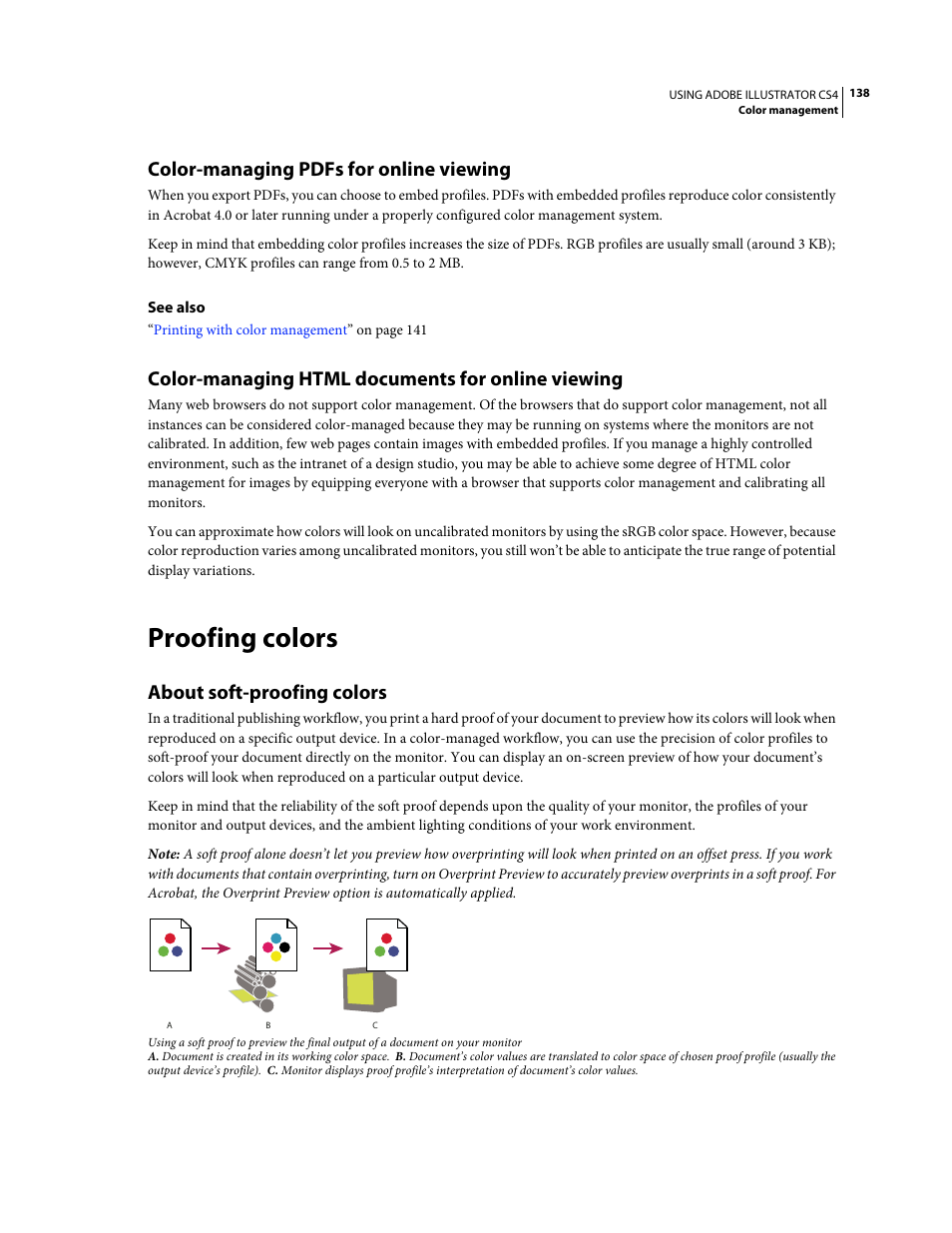 Color-managing pdfs for online viewing, Color-managing html documents for online viewing, Proofing colors | About soft-proofing colors, Specific device. (see | Adobe Illustrator CS4 User Manual | Page 145 / 499