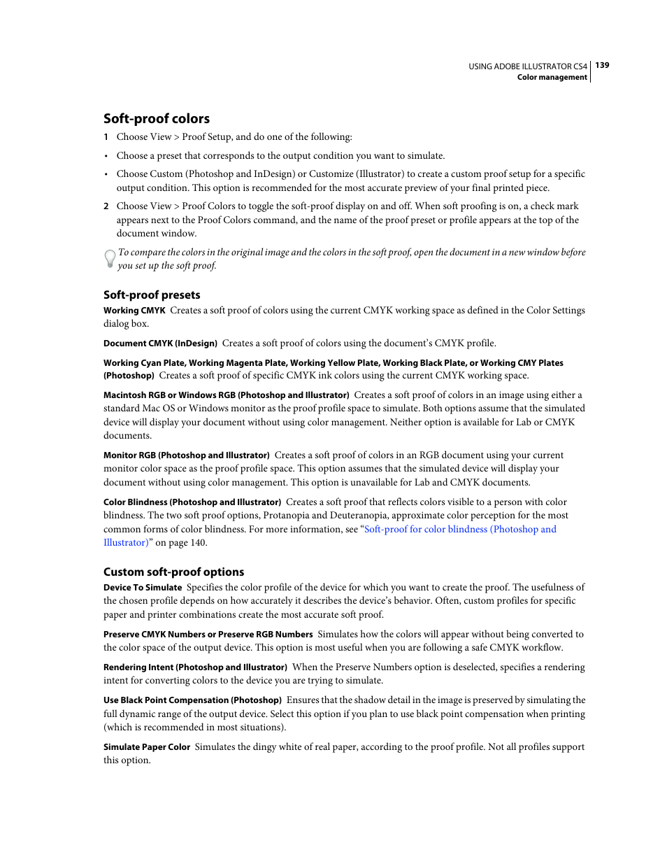 Soft-proof colors, Soft-proof presets, Custom soft-proof options | Adobe Illustrator CS4 User Manual | Page 146 / 499