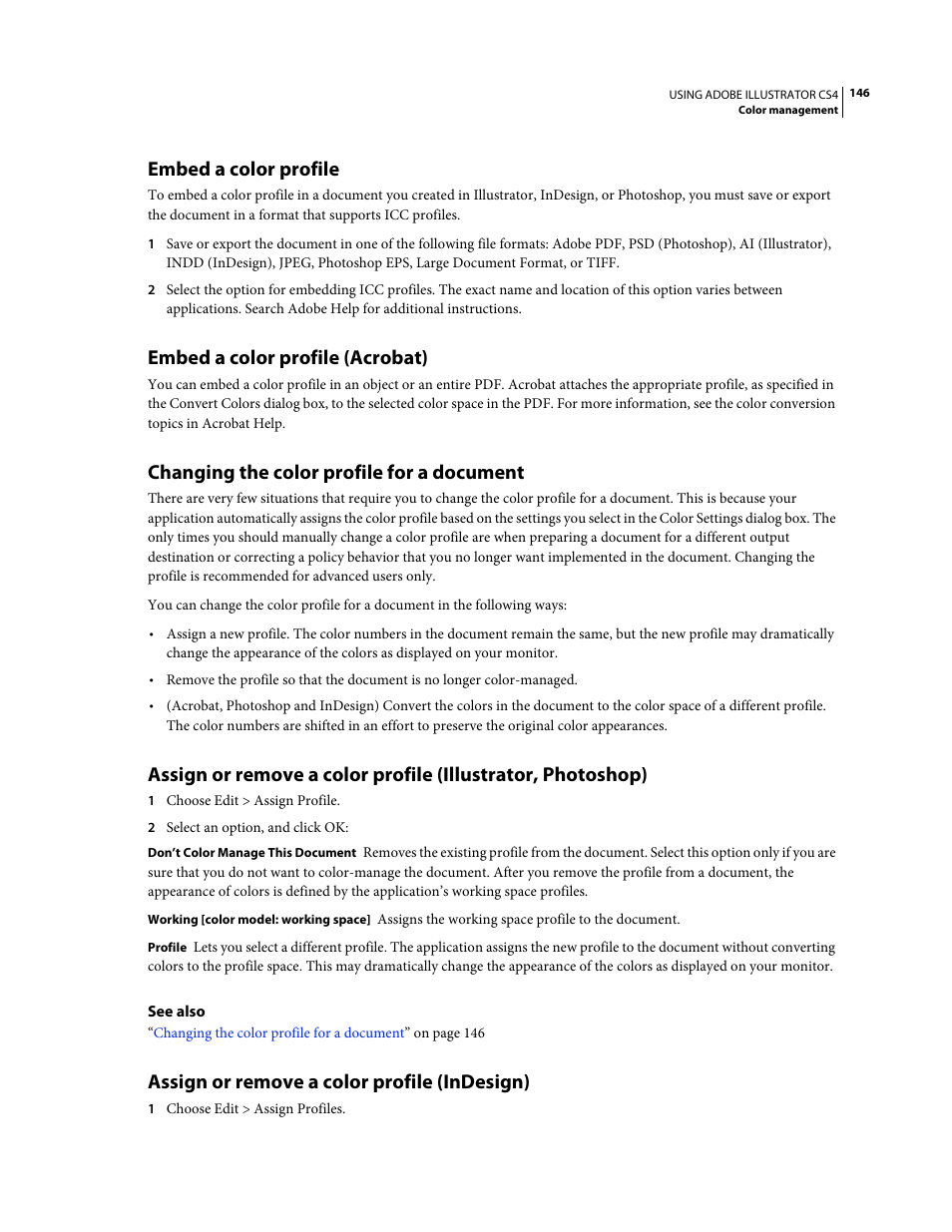Embed a color profile, Embed a color profile (acrobat), Changing the color profile for a document | Assign or remove a color profile (indesign) | Adobe Illustrator CS4 User Manual | Page 153 / 499