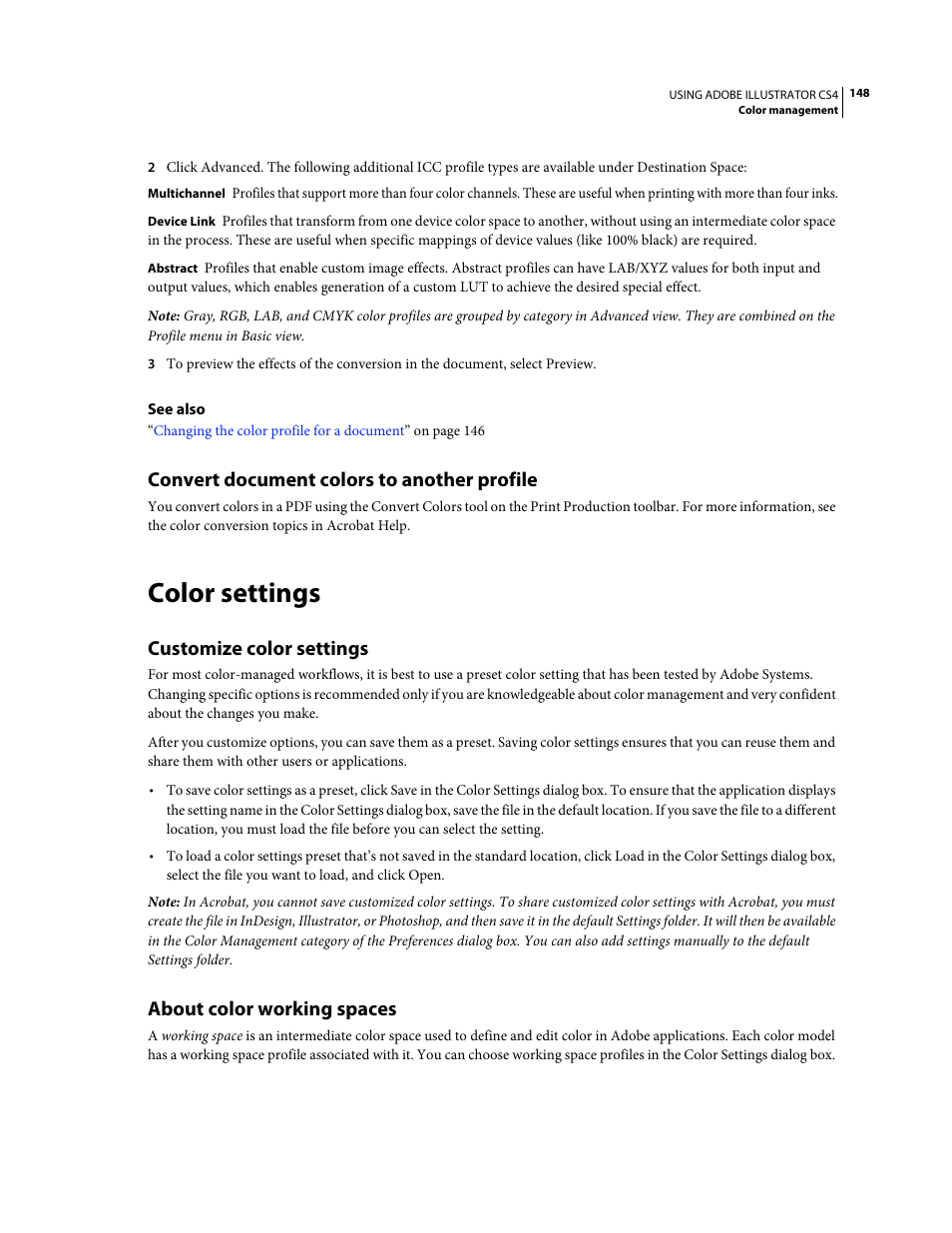 Convert document colors to another profile, Color settings, Customize color settings | About color working spaces | Adobe Illustrator CS4 User Manual | Page 155 / 499