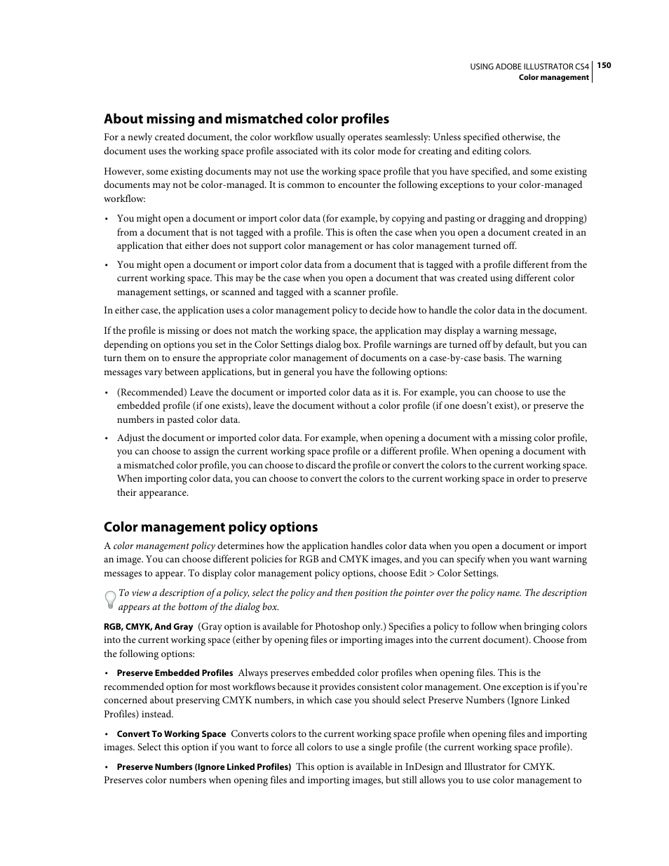 About missing and mismatched color profiles, Color management policy options | Adobe Illustrator CS4 User Manual | Page 157 / 499