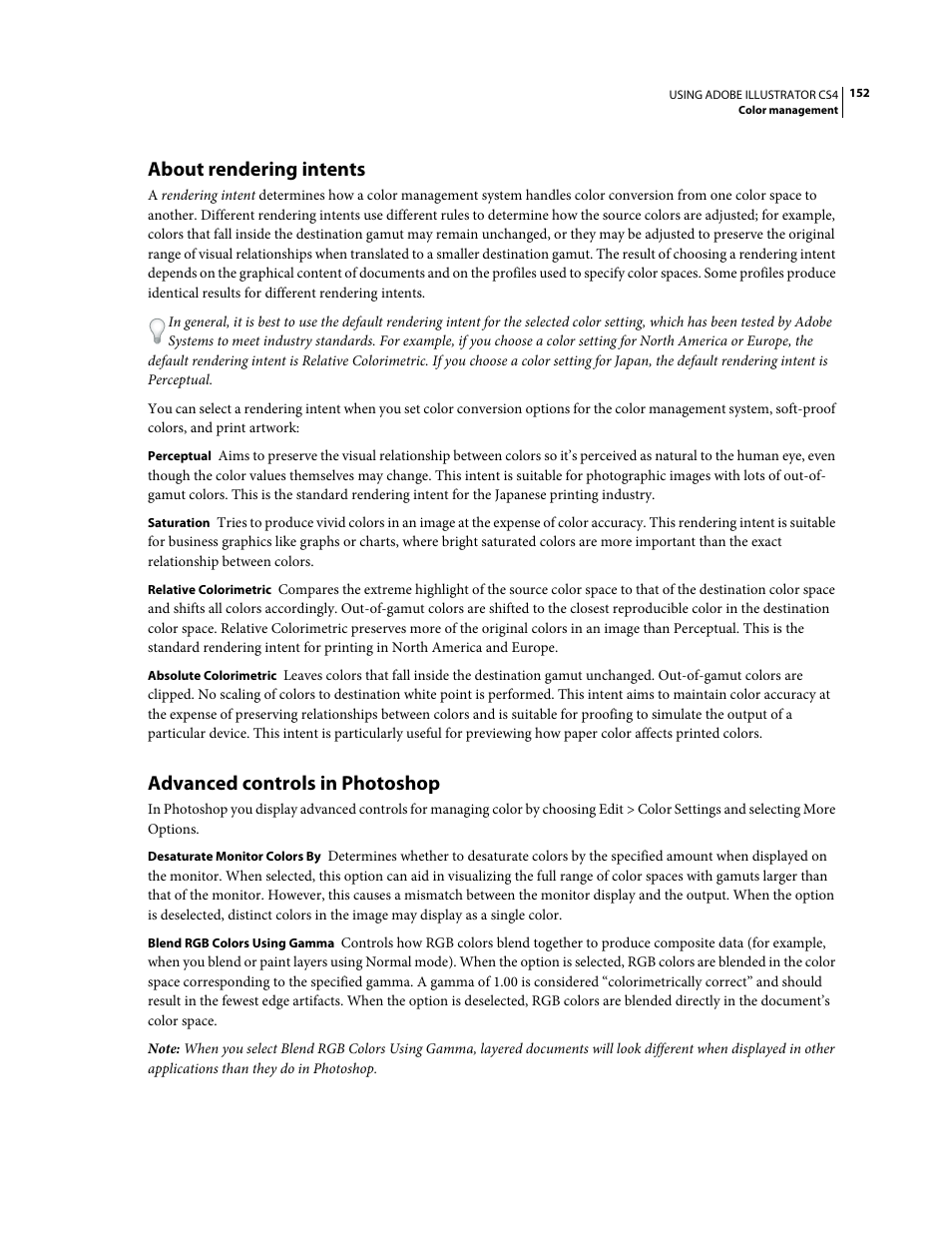 About rendering intents, Advanced controls in photoshop | Adobe Illustrator CS4 User Manual | Page 159 / 499