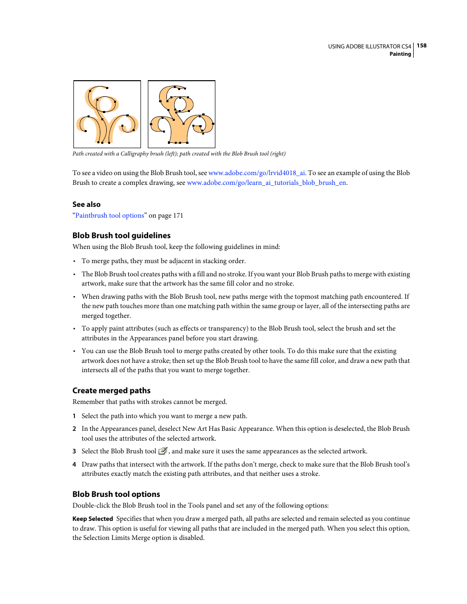 Blob brush tool guidelines, Create merged paths, Blob brush tool options | Adobe Illustrator CS4 User Manual | Page 165 / 499