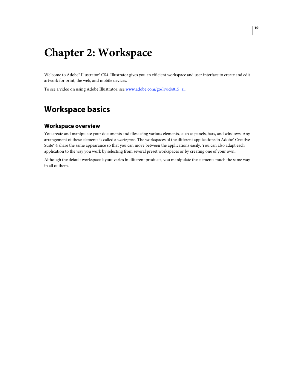 Chapter 2: workspace, Workspace basics, Workspace overview | Adobe Illustrator CS4 User Manual | Page 17 / 499