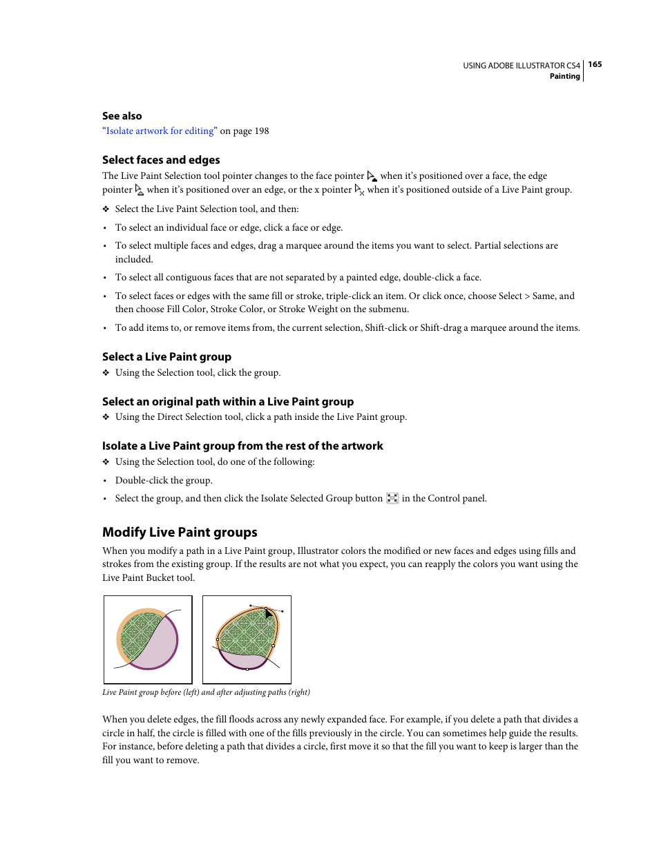 Select faces and edges, Select a live paint group, Select an original path within a live paint group | Modify live paint groups | Adobe Illustrator CS4 User Manual | Page 172 / 499