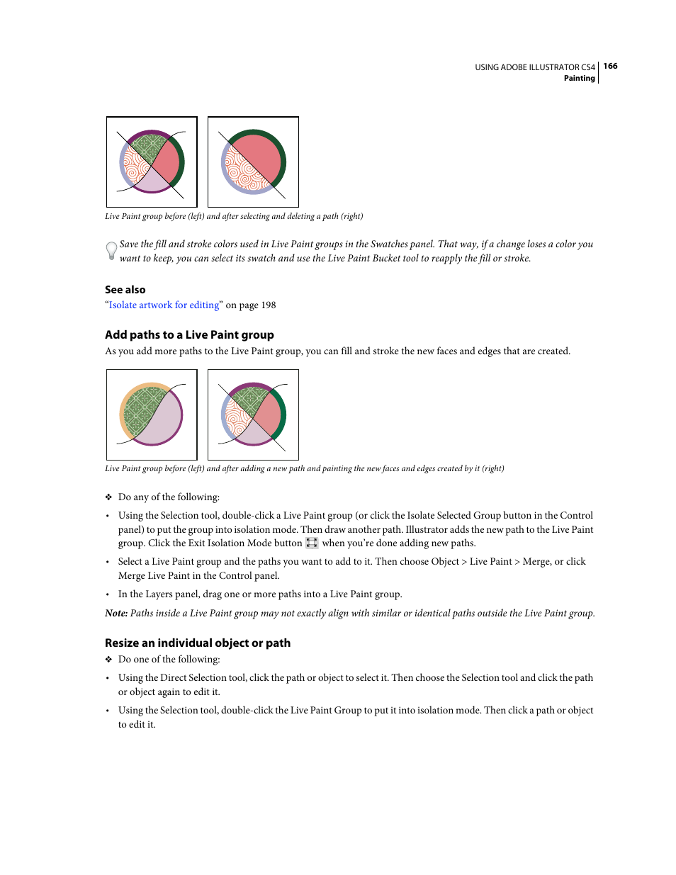 Add paths to a live paint group, Resize an individual object or path | Adobe Illustrator CS4 User Manual | Page 173 / 499