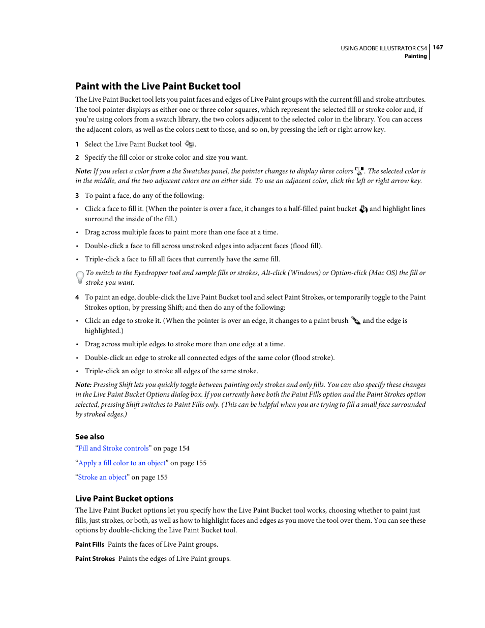 Paint with the live paint bucket tool, Live paint bucket options | Adobe Illustrator CS4 User Manual | Page 174 / 499