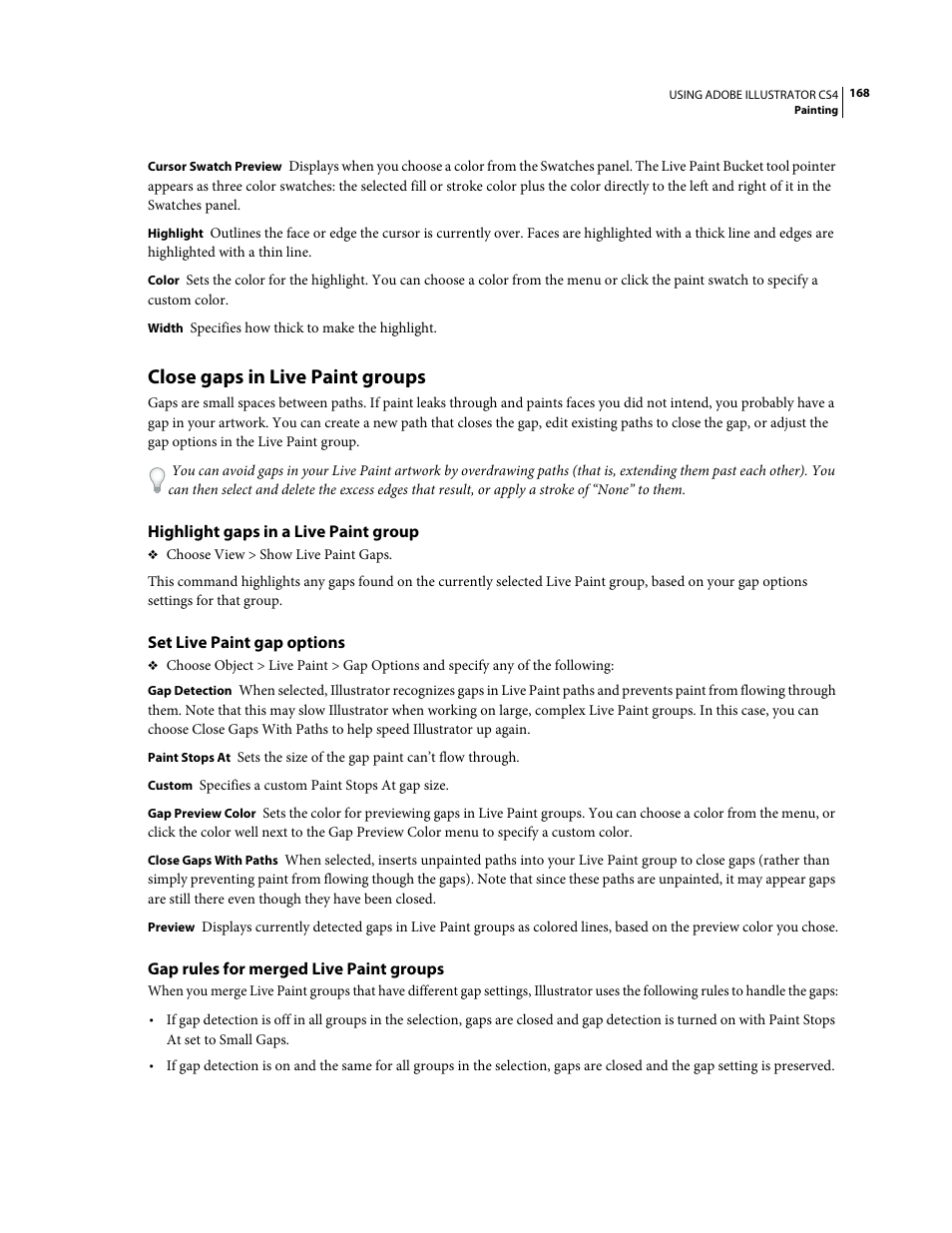 Close gaps in live paint groups, Highlight gaps in a live paint group, Set live paint gap options | Gap rules for merged live paint groups | Adobe Illustrator CS4 User Manual | Page 175 / 499