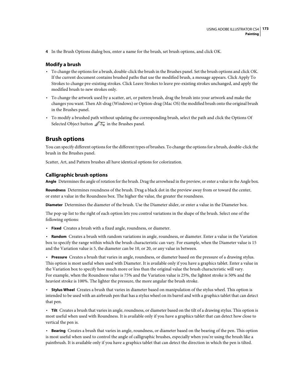 Modify a brush, Brush options, Calligraphic brush options | Adobe Illustrator CS4 User Manual | Page 180 / 499