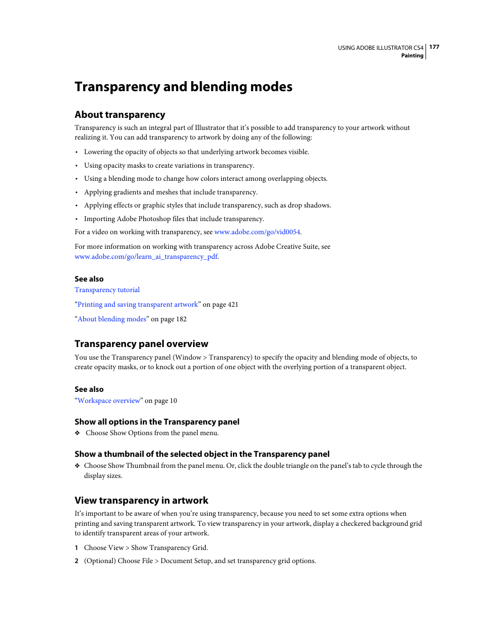 Transparency and blending modes, About transparency, Transparency panel overview | Show all options in the transparency panel, View transparency in artwork | Adobe Illustrator CS4 User Manual | Page 184 / 499