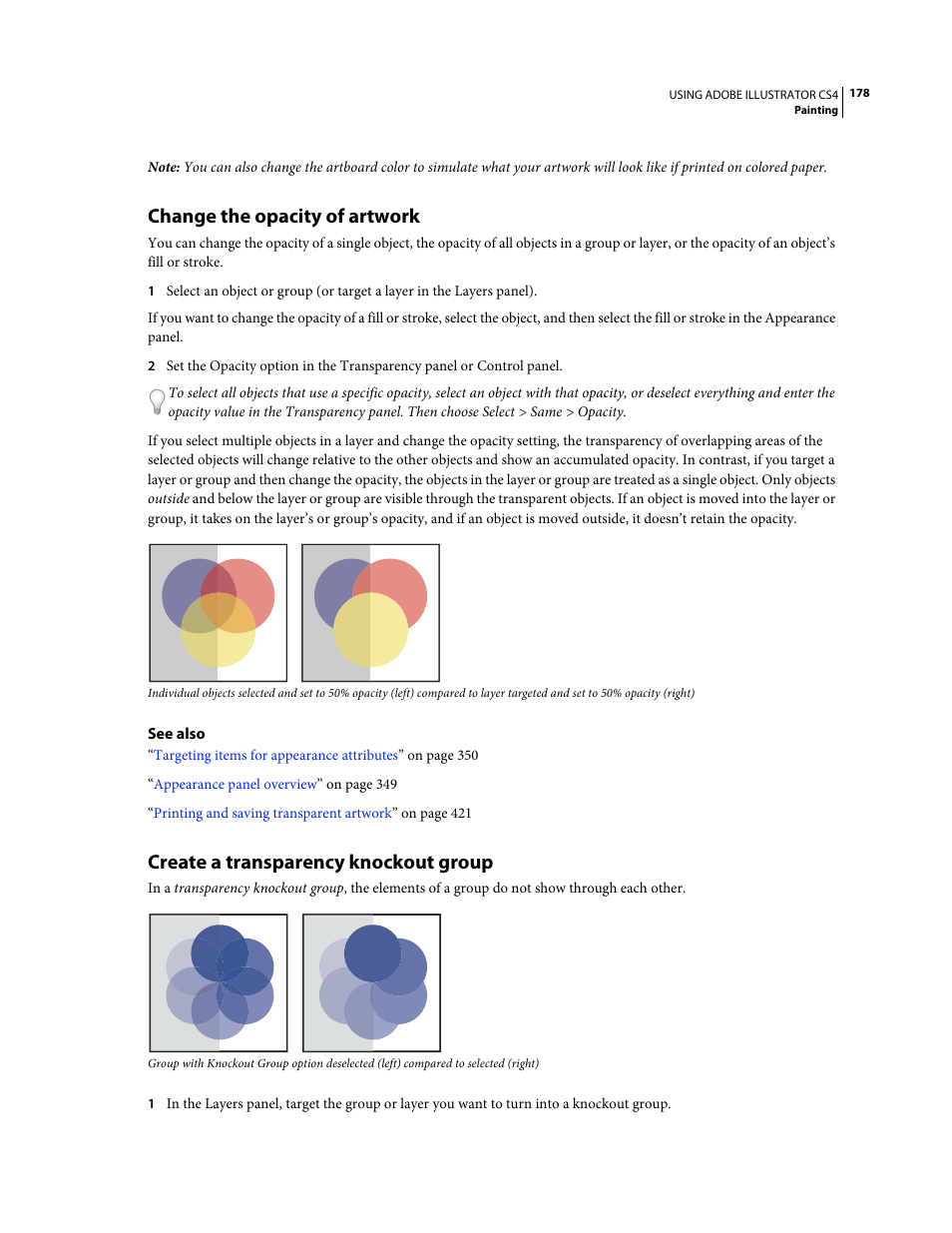 Change the opacity of artwork, Create a transparency knockout group | Adobe Illustrator CS4 User Manual | Page 185 / 499