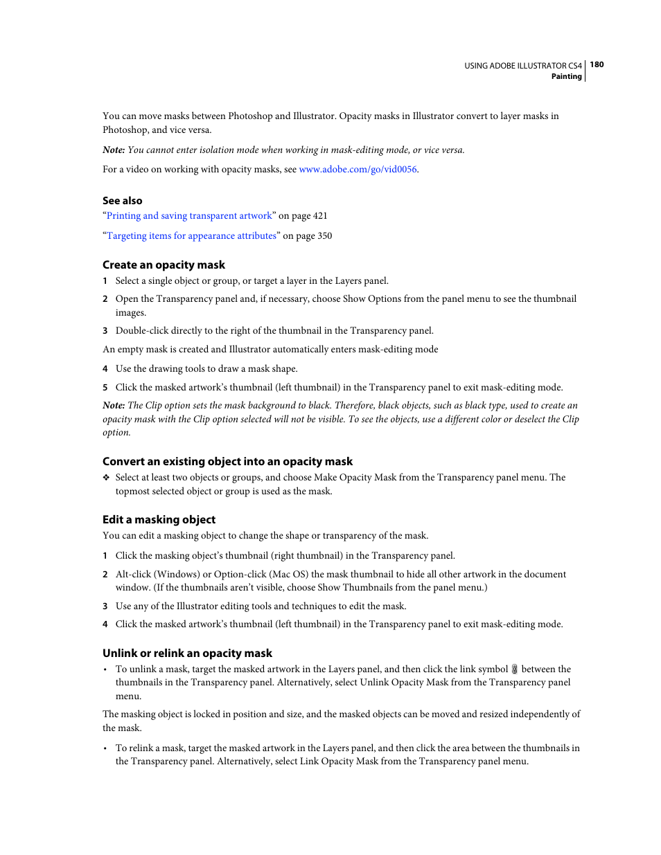 Create an opacity mask, Convert an existing object into an opacity mask, Edit a masking object | Unlink or relink an opacity mask | Adobe Illustrator CS4 User Manual | Page 187 / 499