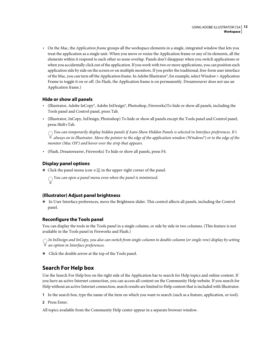 Hide or show all panels, Display panel options, Illustrator) adjust panel brightness | Reconfigure the tools panel, Search for help box | Adobe Illustrator CS4 User Manual | Page 19 / 499