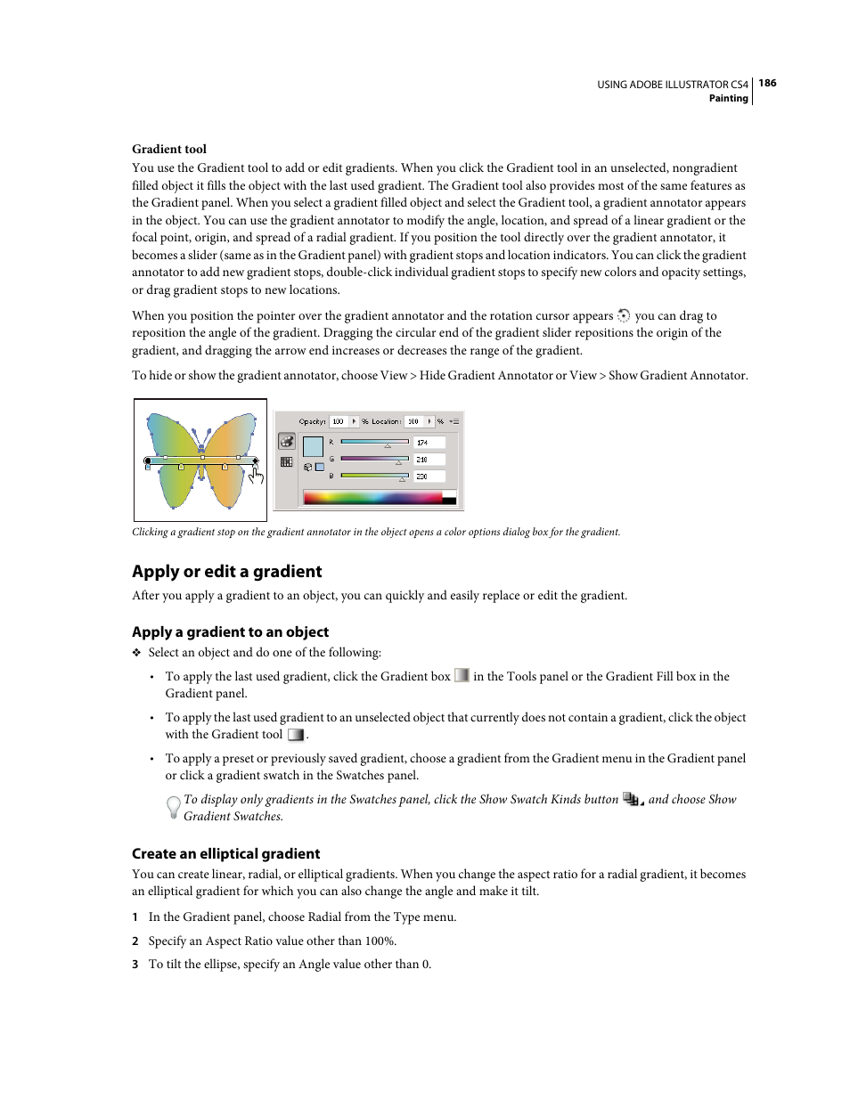 Apply or edit a gradient, Apply a gradient to an object, Create an elliptical gradient | Adobe Illustrator CS4 User Manual | Page 193 / 499