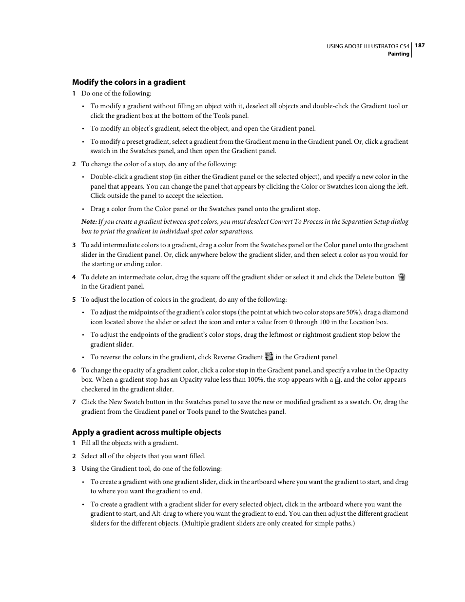 Modify the colors in a gradient, Apply a gradient across multiple objects | Adobe Illustrator CS4 User Manual | Page 194 / 499