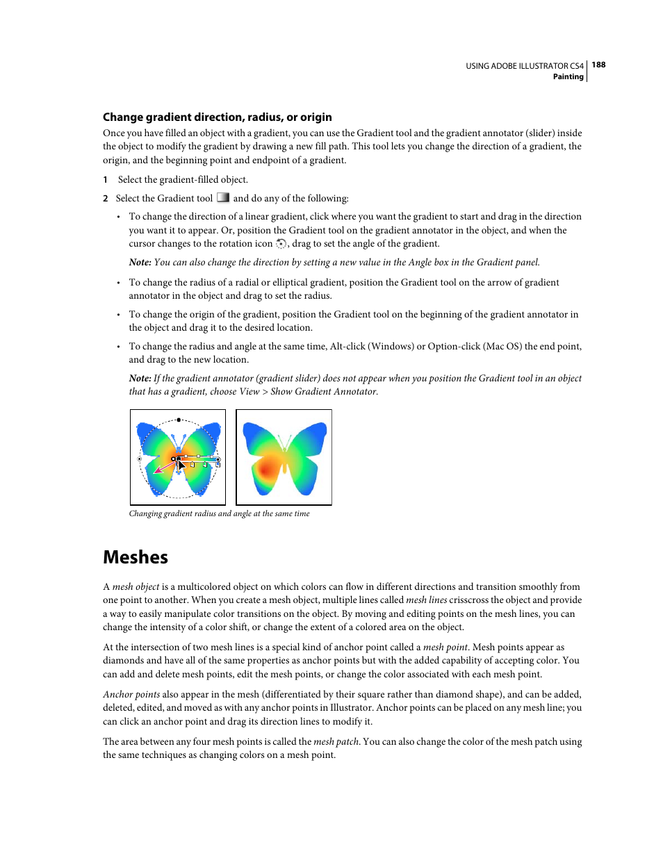 Change gradient direction, radius, or origin, Meshes | Adobe Illustrator CS4 User Manual | Page 195 / 499